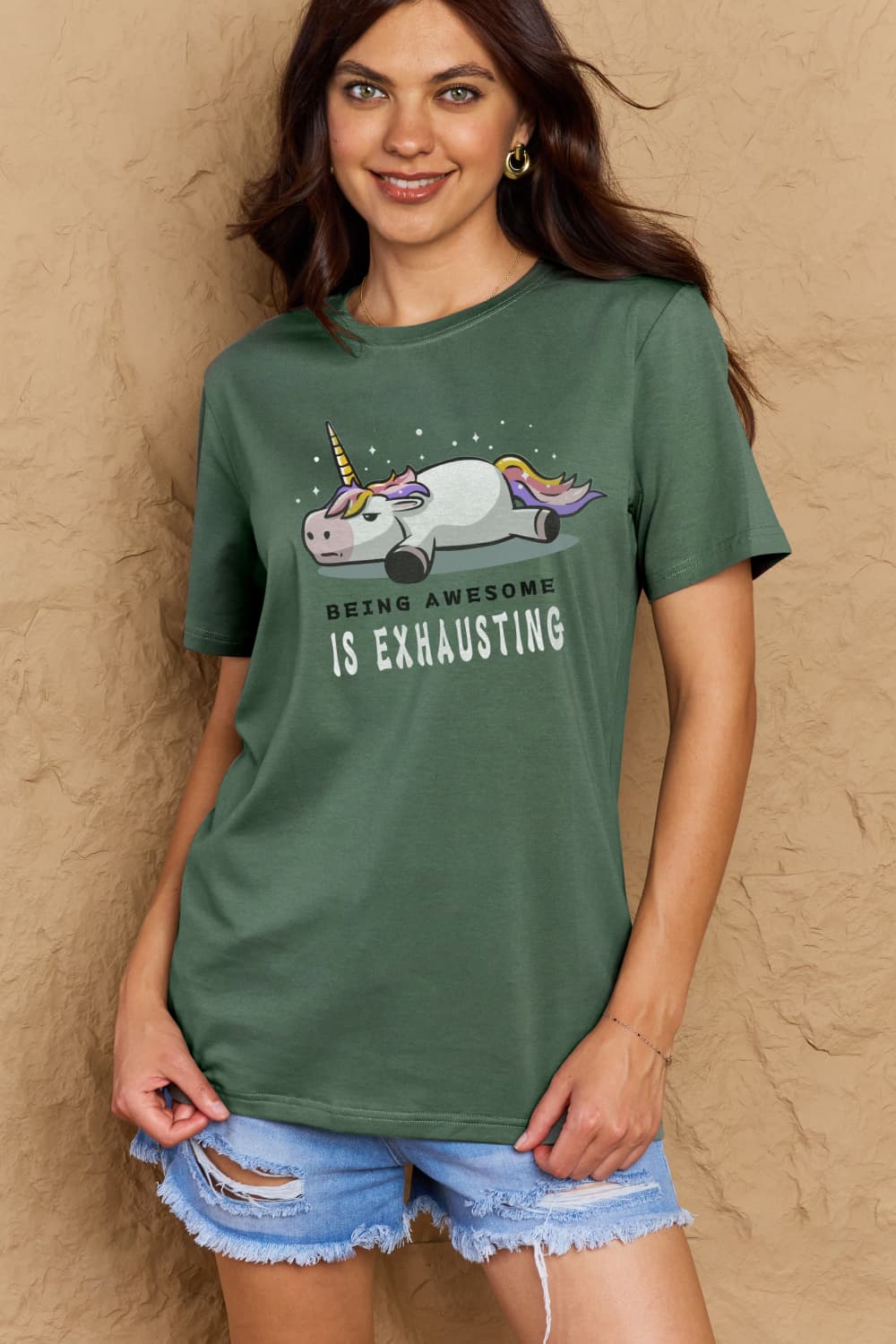 Simply Love Full Size BEING AWESOME IS EXHAUSTING Graphic Cotton Tee – Green Women's Top for Shopify Collective (19 view)