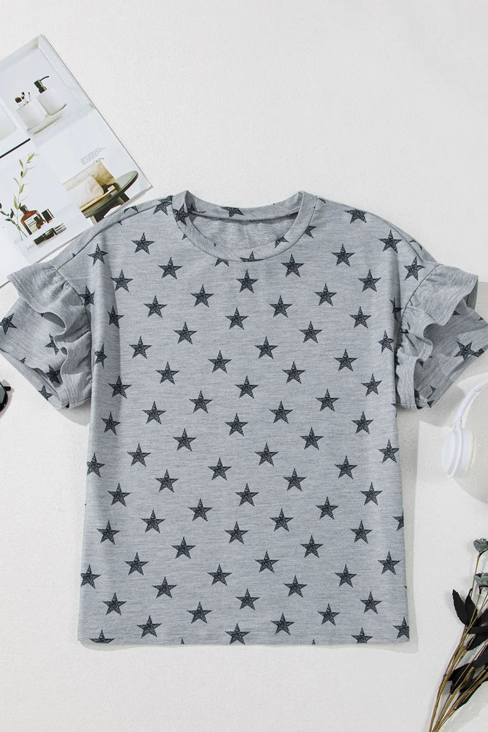 Star Print Tiered Ruffled Sleeve Crew Neck T Shirt – Gray by Simply Love