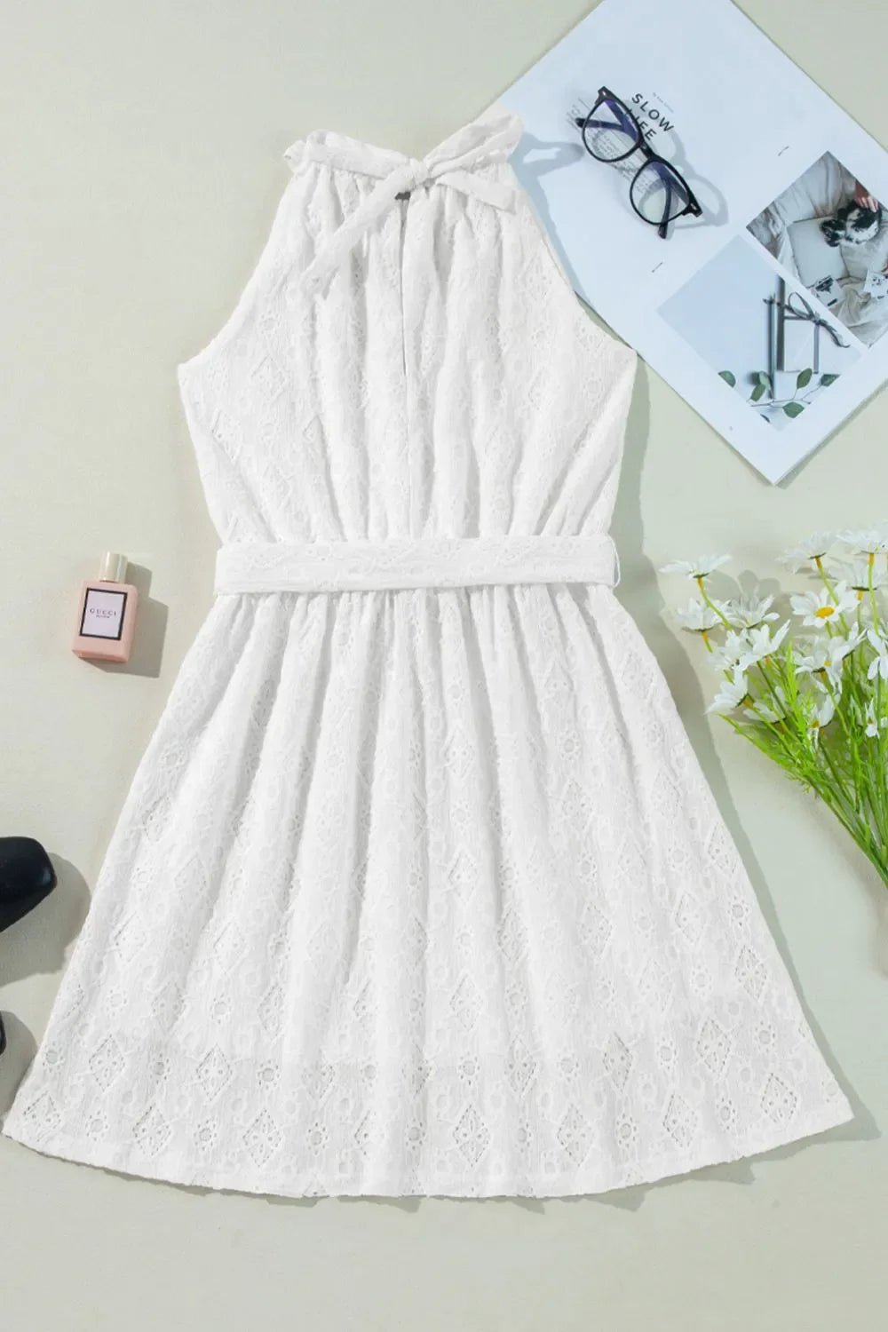 Lace Sleeveless Tied Waist Mini Dress – White for Shopify Collective (10 view)