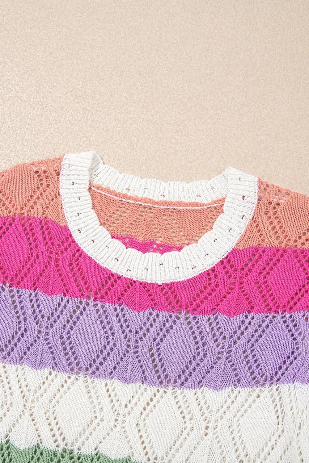 Openwork Round Neck Cap Sleeve Knit Top – Stripe Women's Top for Shopify Collective (7 view)