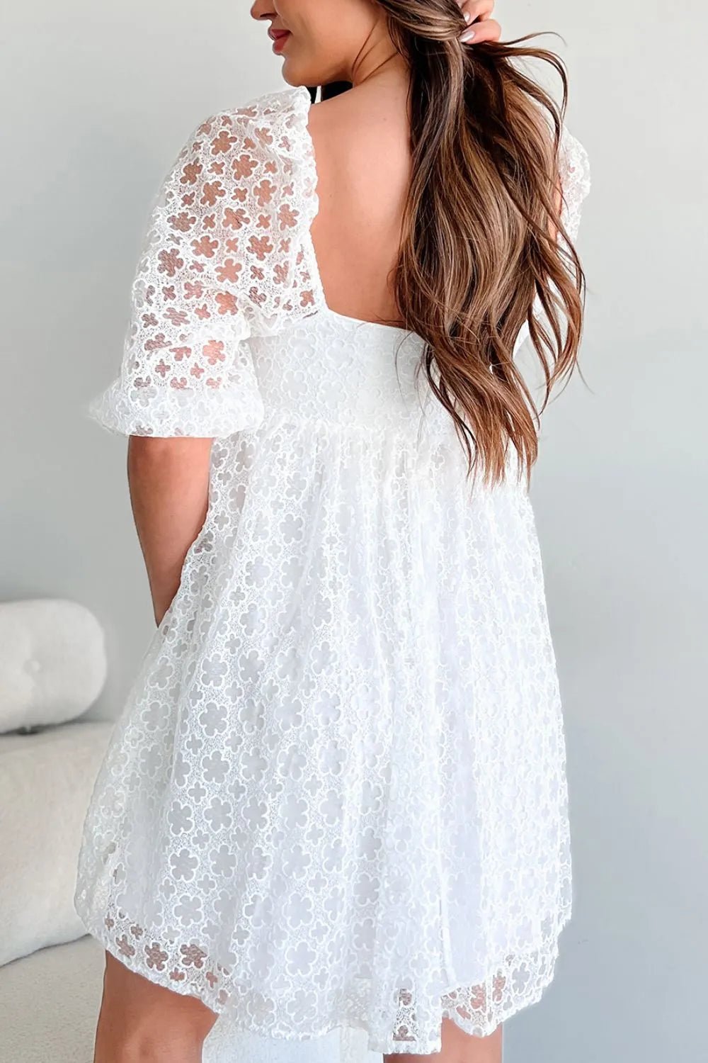 Lace Puff Sleeve Empire Waist Mini Dress – White for Shopify Collective (5 view)