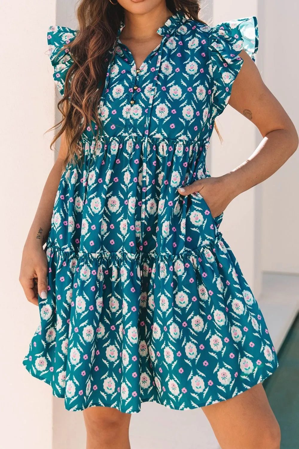 Printed Tie Neck Ruffled Cap Sleeve Dress – Floral for Shopify Collective (6 view)