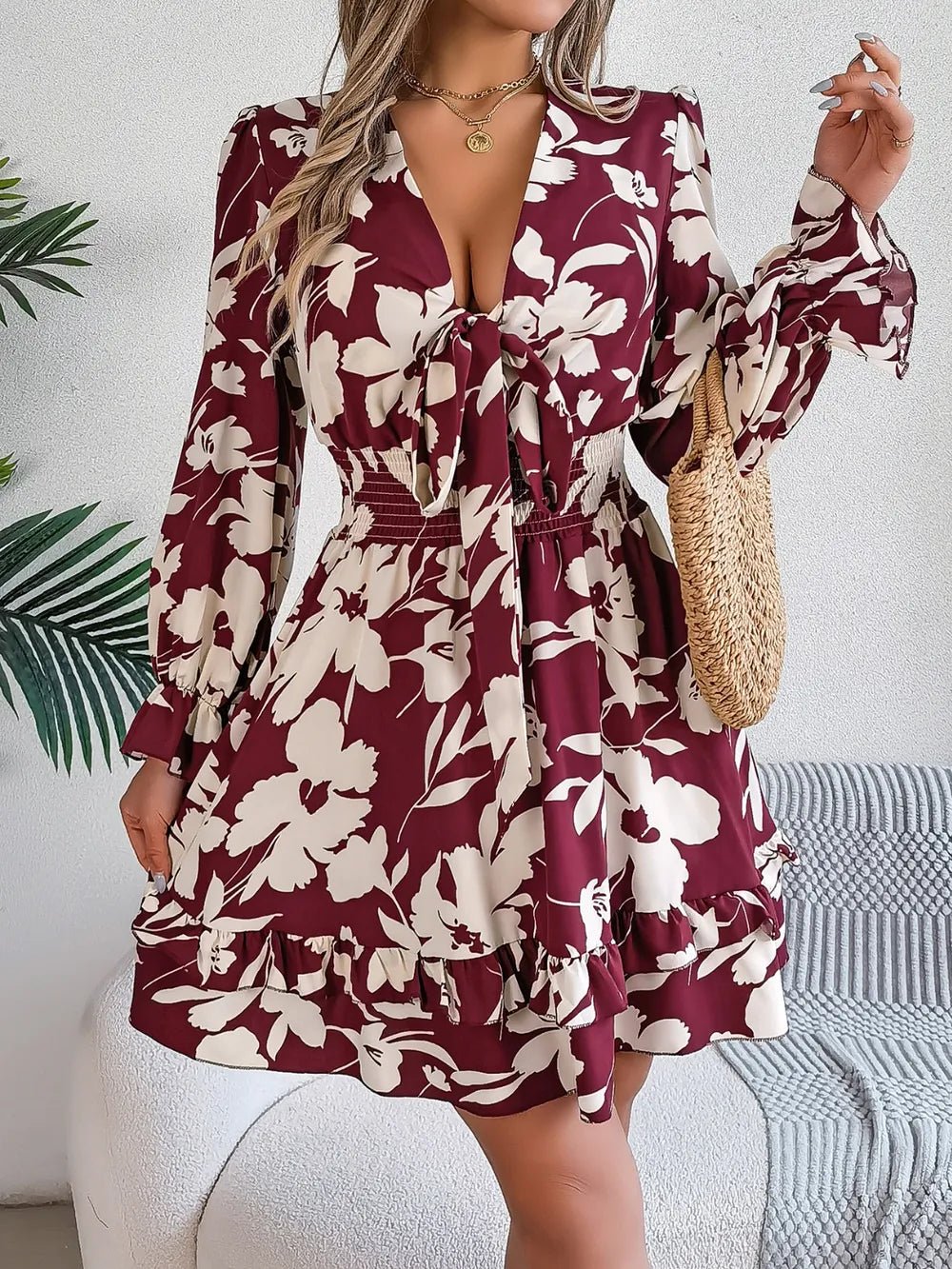 Tied Ruffled Printed Long Sleeve Dress – Burgundy Women's Top for Shopify Collective (8 view)