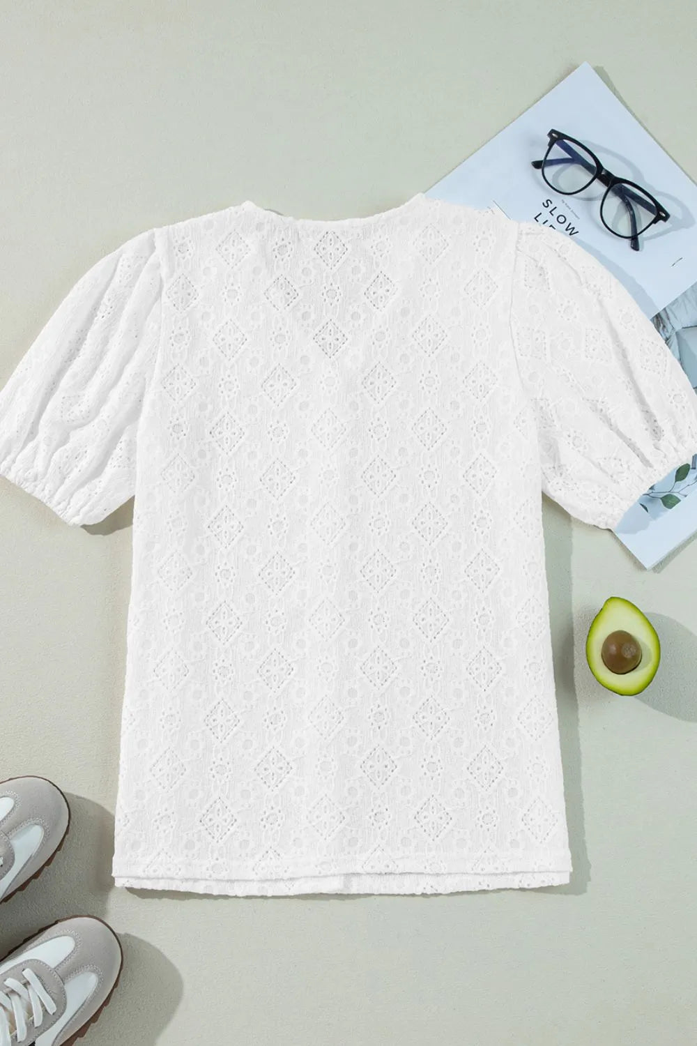 Lace Puff Sleeve V Neck Button Up Shirt – White for Shopify Collective (5 view)