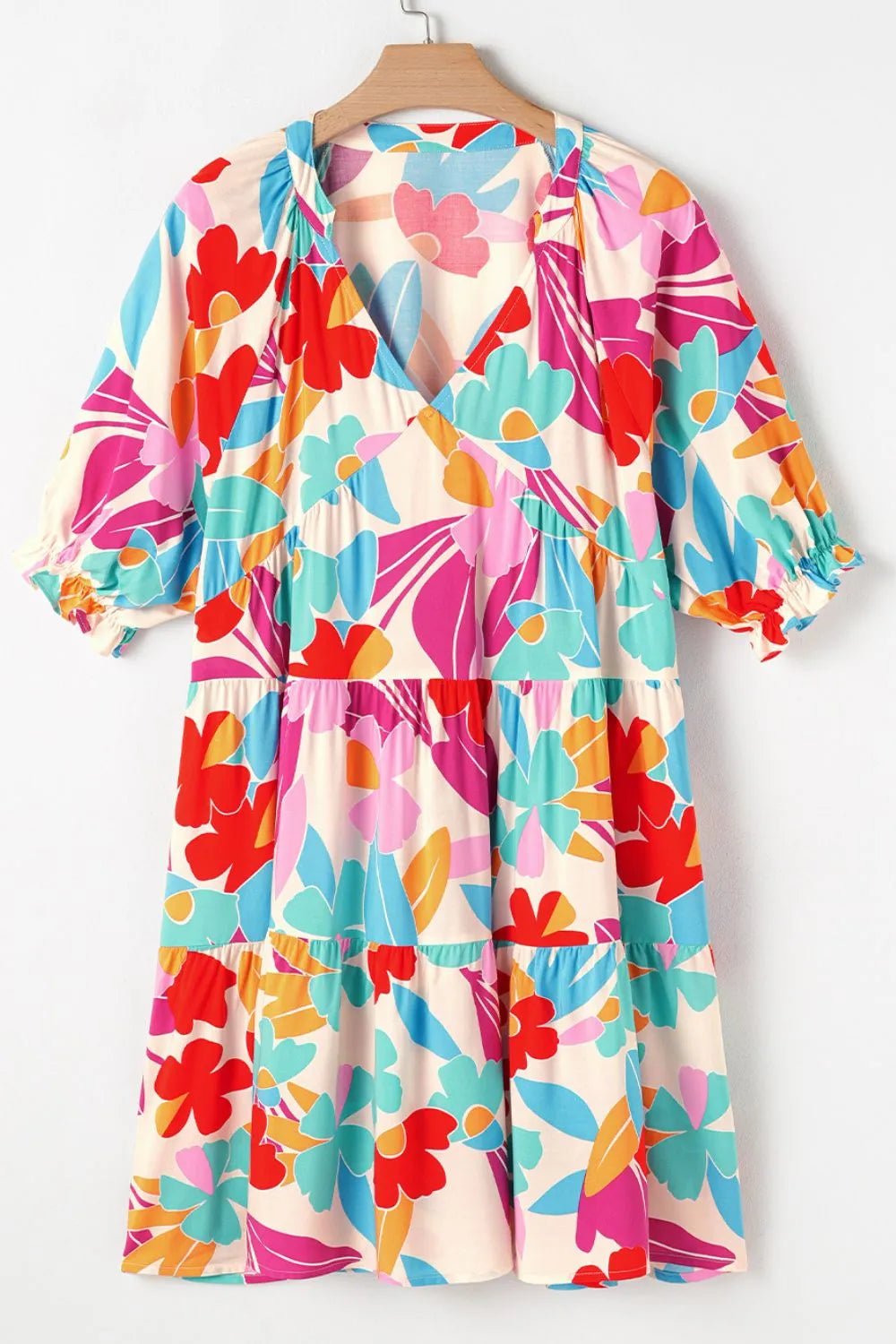 Floral Bubble Sleeve V Neck Tiered Ruffle Babydoll Dress – Floral Dresses for Shopify Collective (7 view)