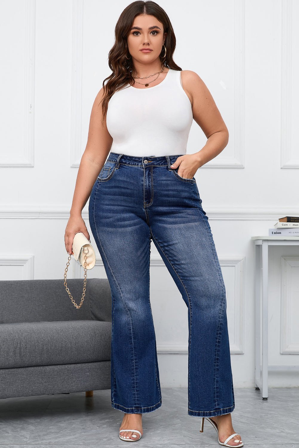 Aila Dark Blue Plus Size Stitching Flare Jeans – Dark Blue Plus Size/Plus Size Bottoms for glowup (7 view)