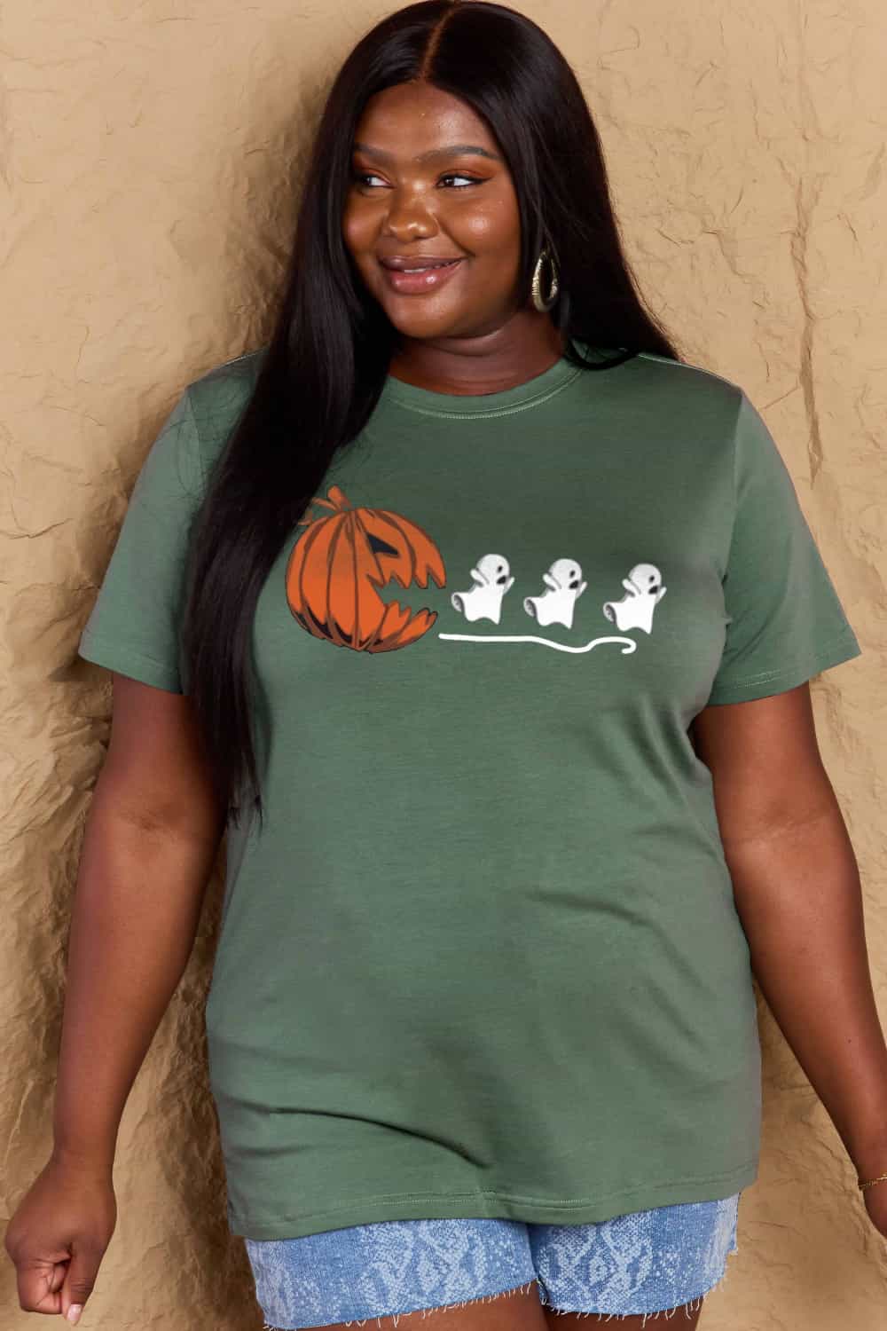 Simply Love Full Size Jack - O' - Lantern Graphic Cotton Tee – Green Women's Top for Shopify Collective (29 view)