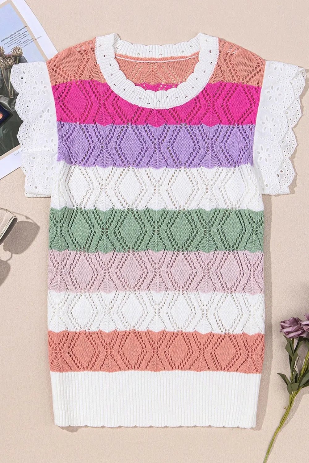 Openwork Round Neck Cap Sleeve Knit Top – Stripe Women's Top for Shopify Collective (5 view)