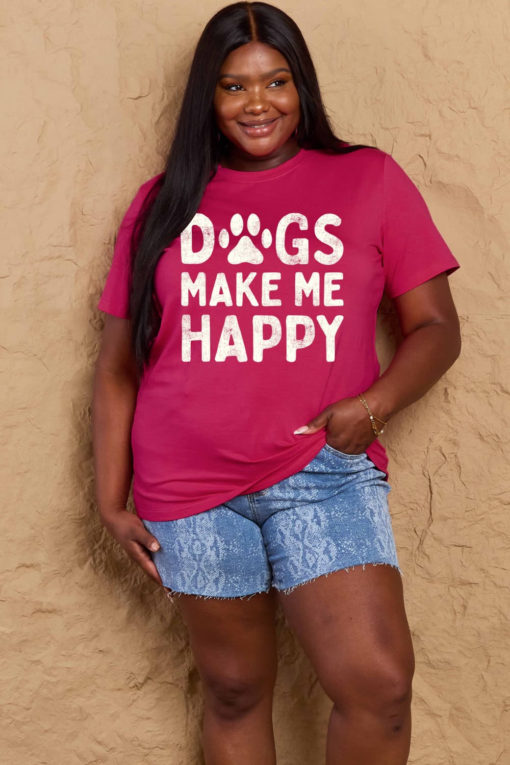 Simply Love Full Size DOGS MAKE ME HAPPY Graphic Cotton T-Shirt – Deep Rose Women's Top for Shopify Collective (3 view)