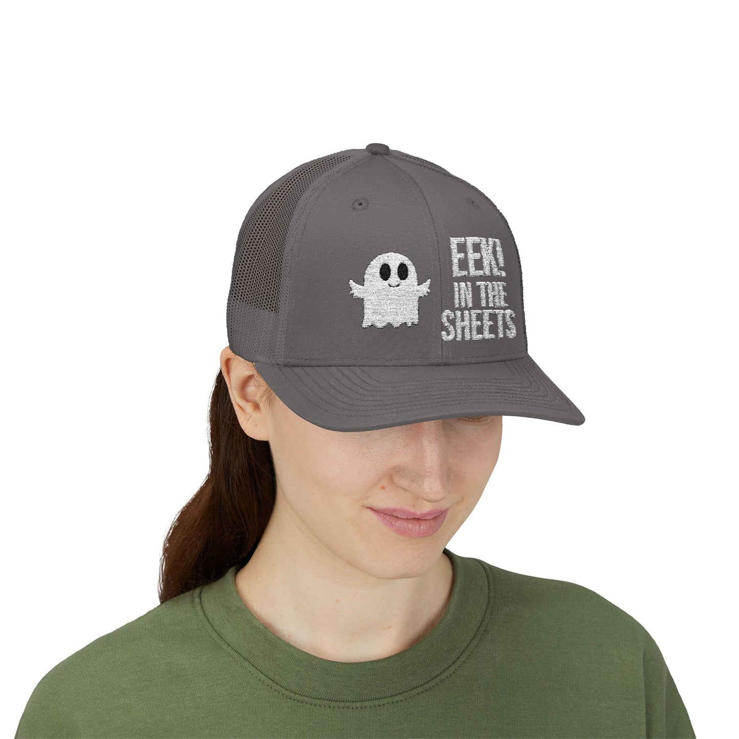 Eek in the Sheets Ghost Hat – Cute Halloween Pun Snapback Trucker Cap – Charcoal Hats by Printify