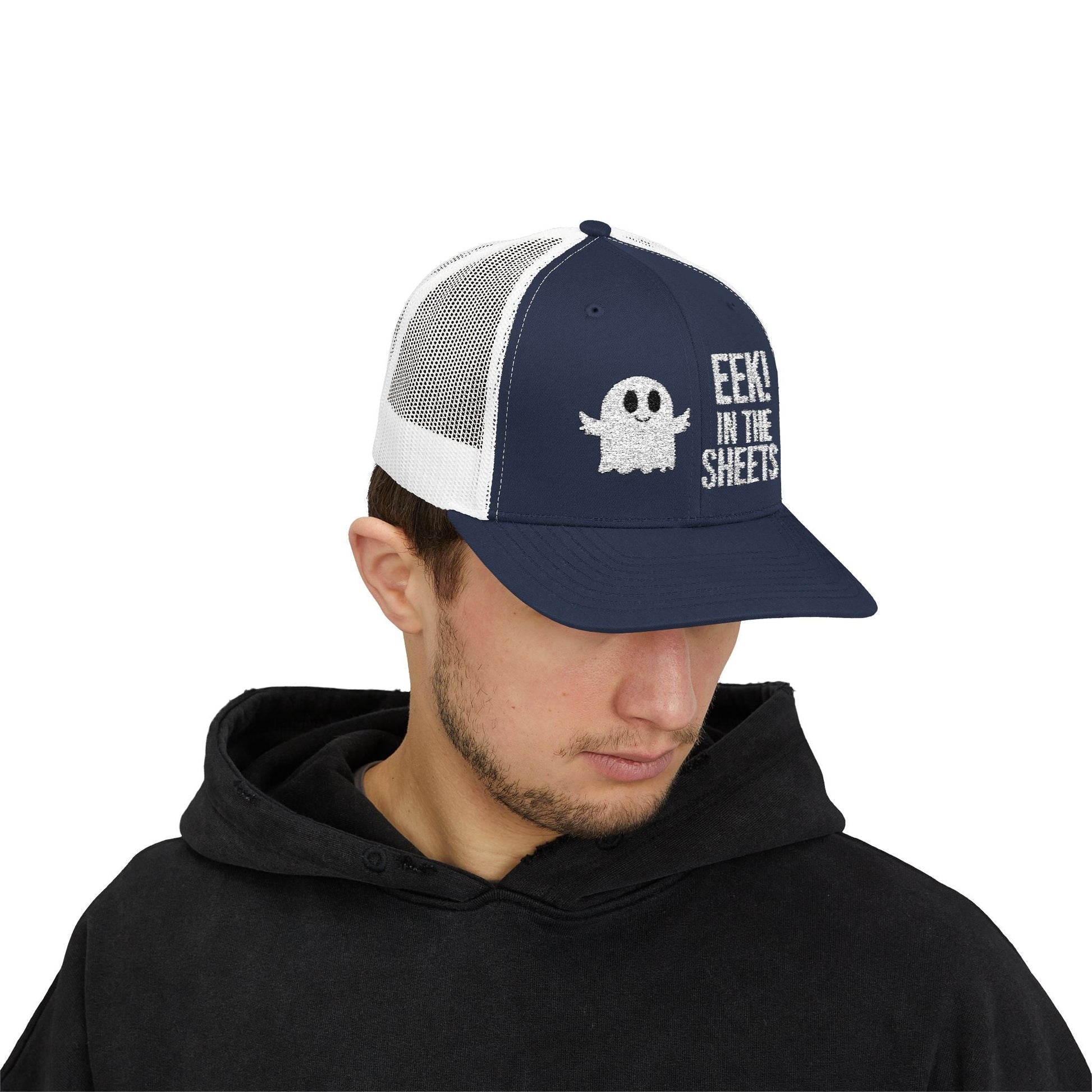 Eek in the Sheets Ghost Hat – Cute Halloween Pun Snapback Trucker Cap – Navy / White Hats by Printify
