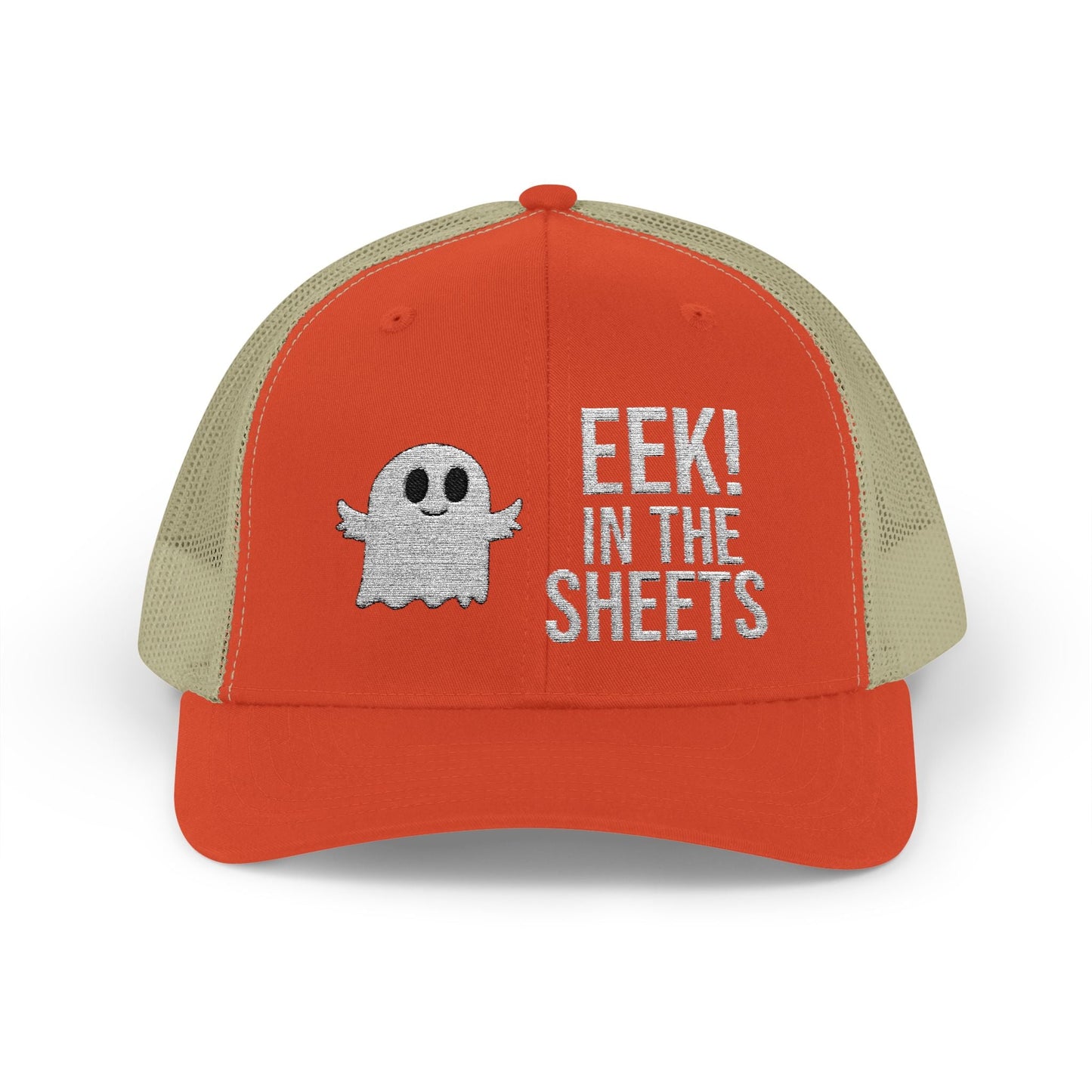Eek in the Sheets Ghost Hat – Cute Halloween Pun Snapback Trucker Cap – Rustic Orange / Khaki Hats by Printify