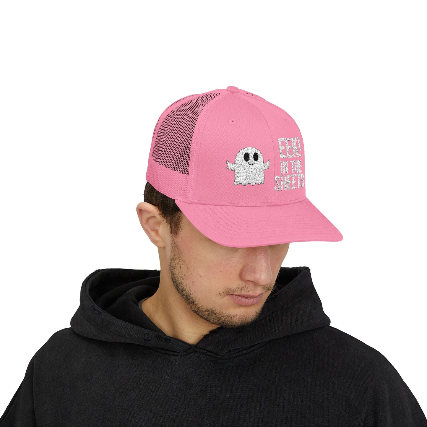 Eek in the Sheets Ghost Hat – Cute Halloween Pun Snapback Trucker Cap – Pink Hats by Printify