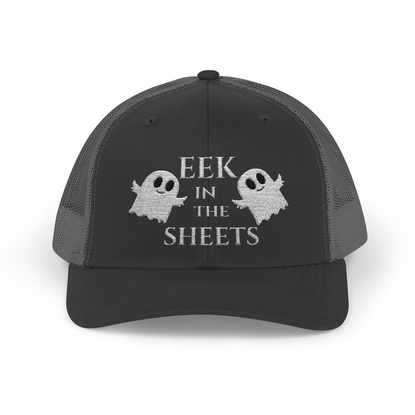 Eek in the Sheets Ghost Hat v2 – Cute Halloween Pun Snapback Trucker Cap – Black Hats for apparel (6 view)