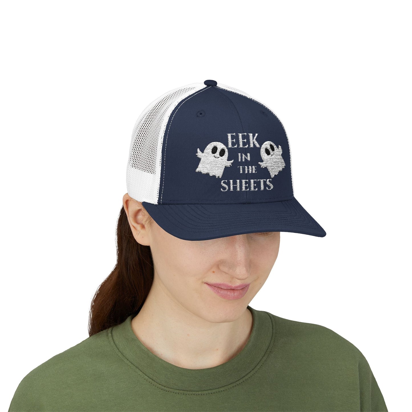 Eek in the Sheets Ghost Hat v2 – Cute Halloween Pun Snapback Trucker Cap – Pink Hats for apparel (57 view)