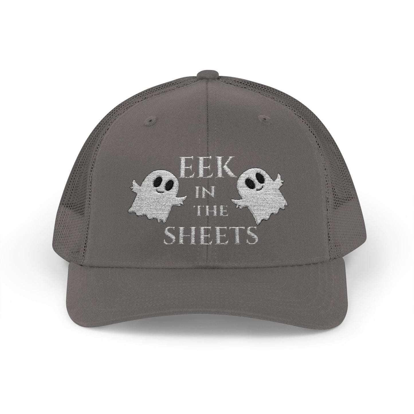 Eek in the Sheets Ghost Hat v2 – Cute Halloween Pun Snapback Trucker Cap – Charcoal Hats for apparel (3 view)