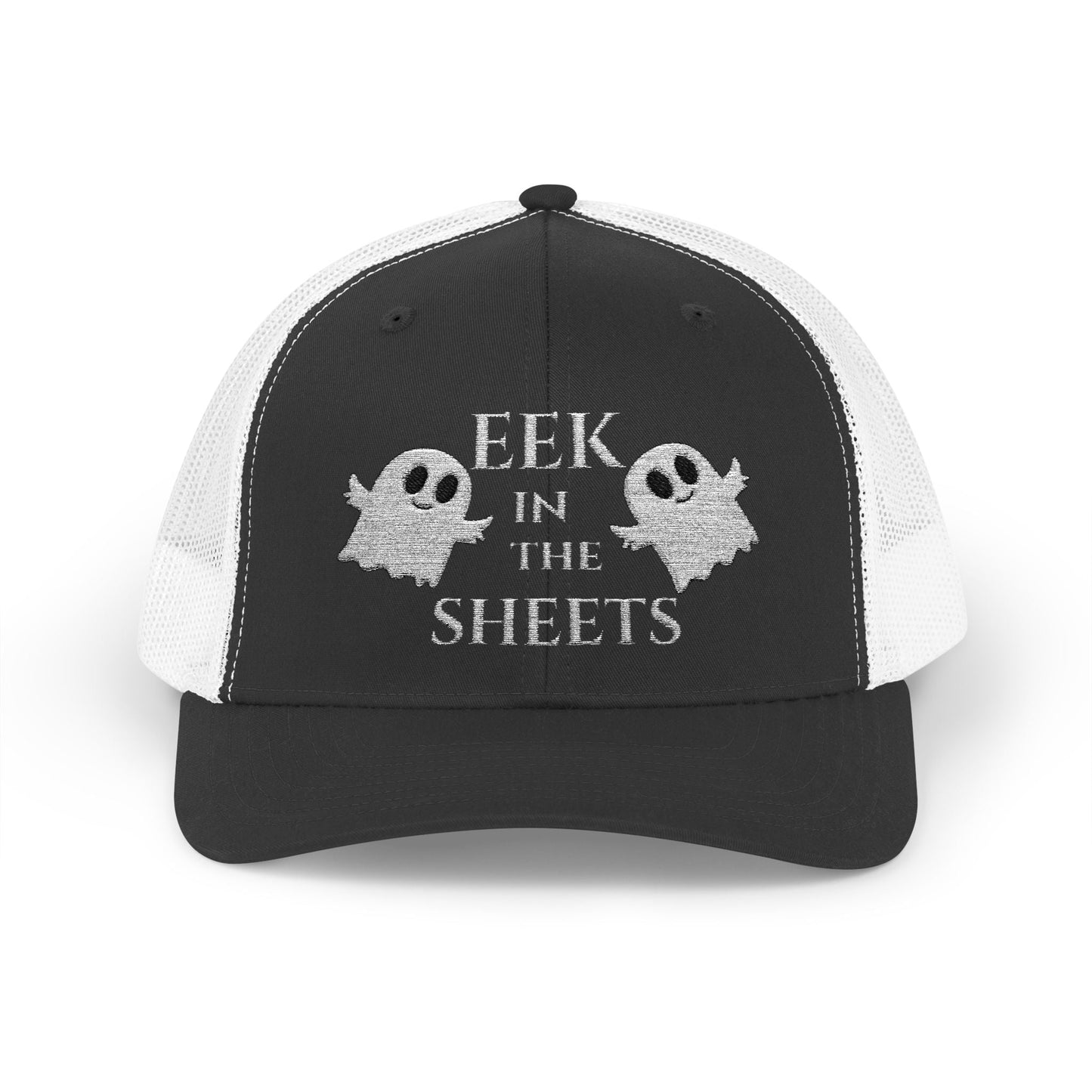 Eek in the Sheets Ghost Hat v2 – Cute Halloween Pun Snapback Trucker Cap – Black / White Hats for apparel (7 view)