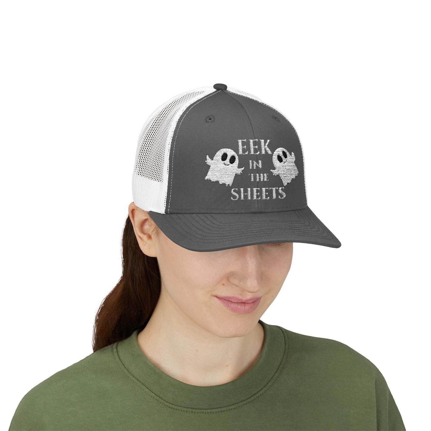 Eek in the Sheets Ghost Hat v2 – Cute Halloween Pun Snapback Trucker Cap – Pink Hats for apparel (27 view)