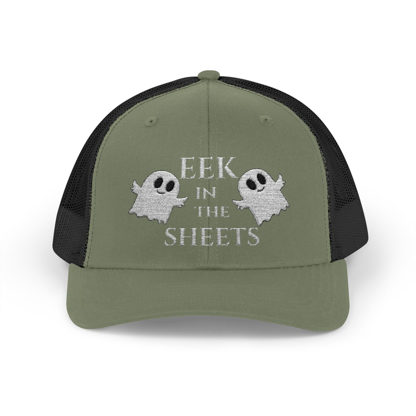 Eek in the Sheets Ghost Hat v2 – Cute Halloween Pun Snapback Trucker Cap – Loden / Black Hats for apparel (10 view)