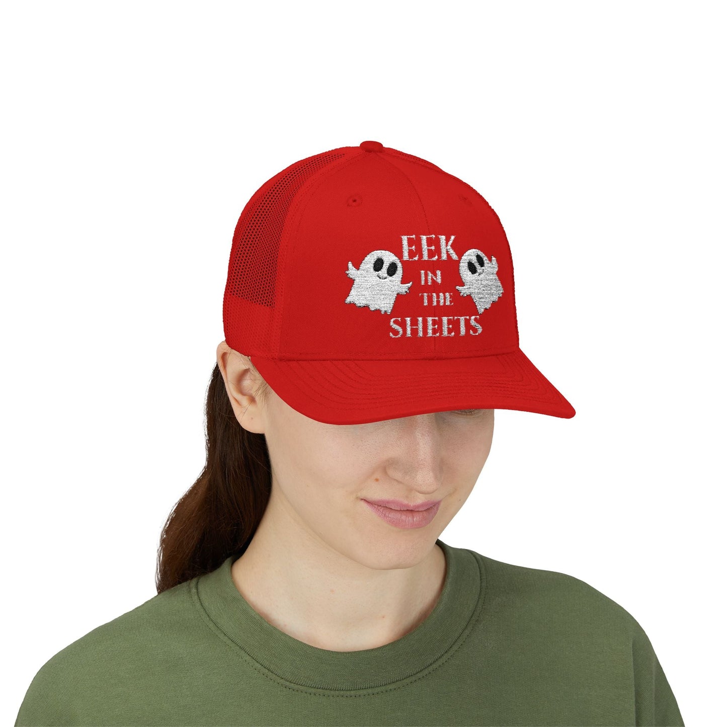 Eek in the Sheets Ghost Hat v2 – Cute Halloween Pun Snapback Trucker Cap – Pink Hats for apparel (21 view)
