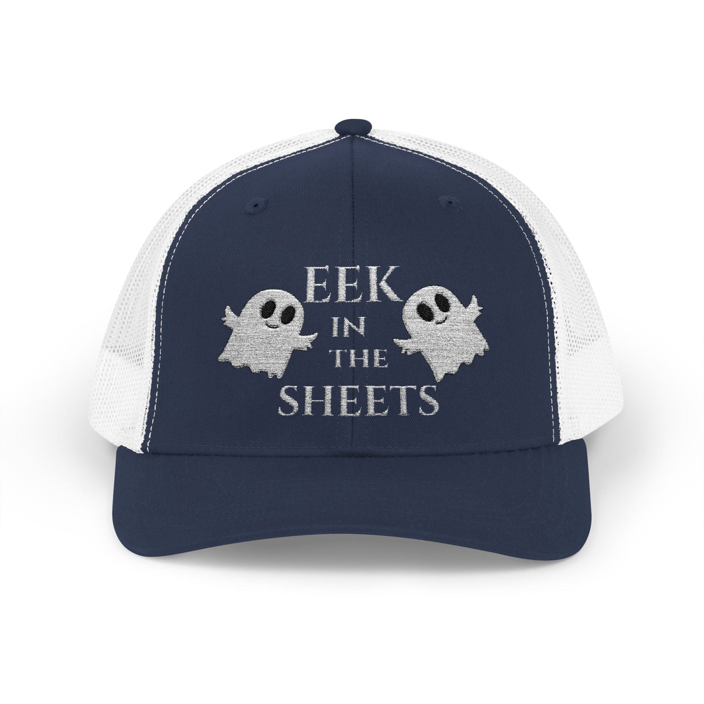Eek in the Sheets Ghost Hat v2 – Cute Halloween Pun Snapback Trucker Cap – Navy / White Hats for apparel (14 view)