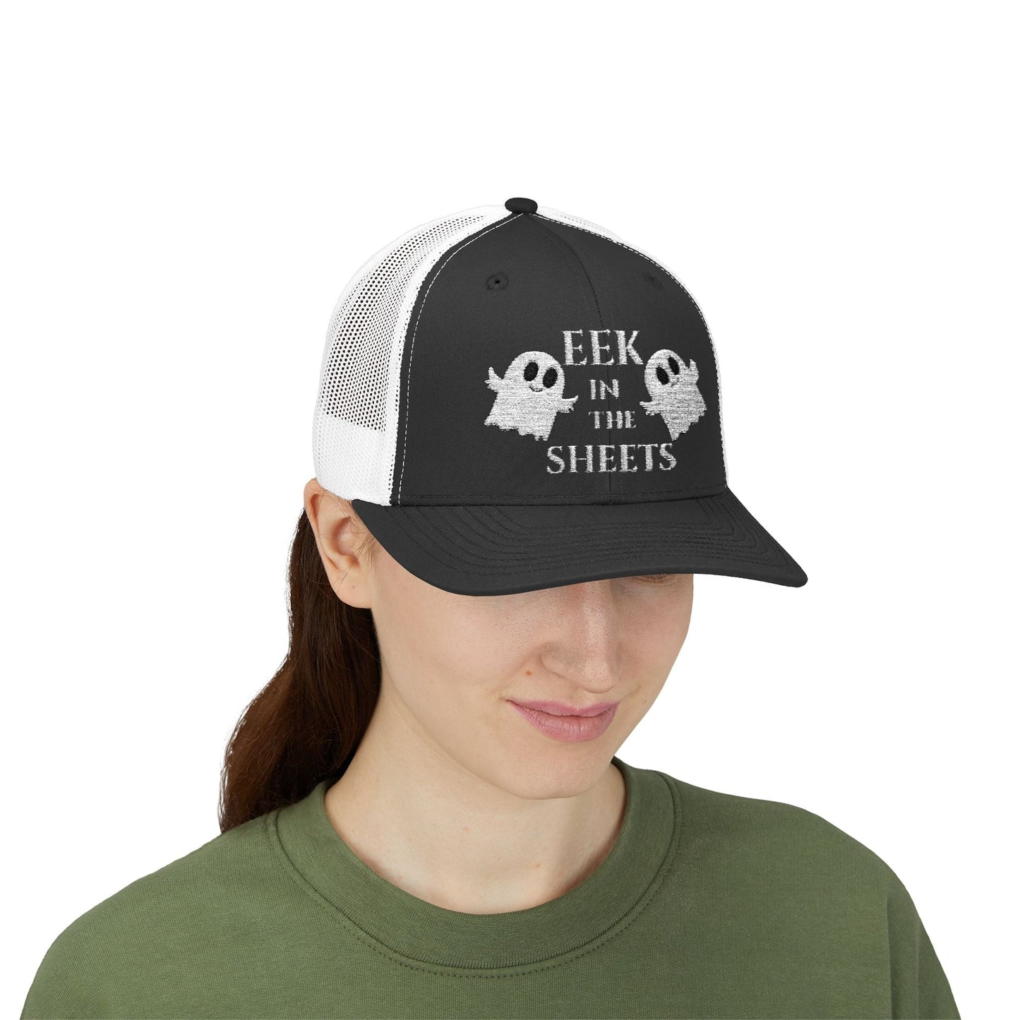Eek in the Sheets Ghost Hat v2 – Cute Halloween Pun Snapback Trucker Cap – Pink Hats for apparel (36 view)