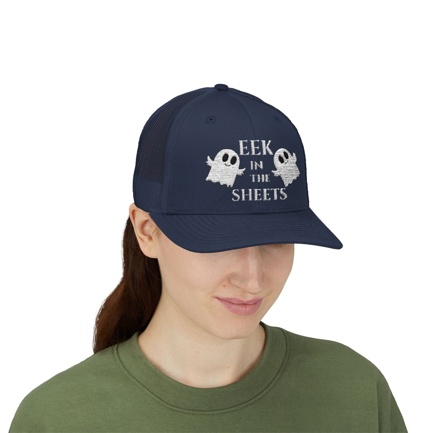 Eek in the Sheets Ghost Hat v2 – Cute Halloween Pun Snapback Trucker Cap – Pink Hats for apparel (54 view)