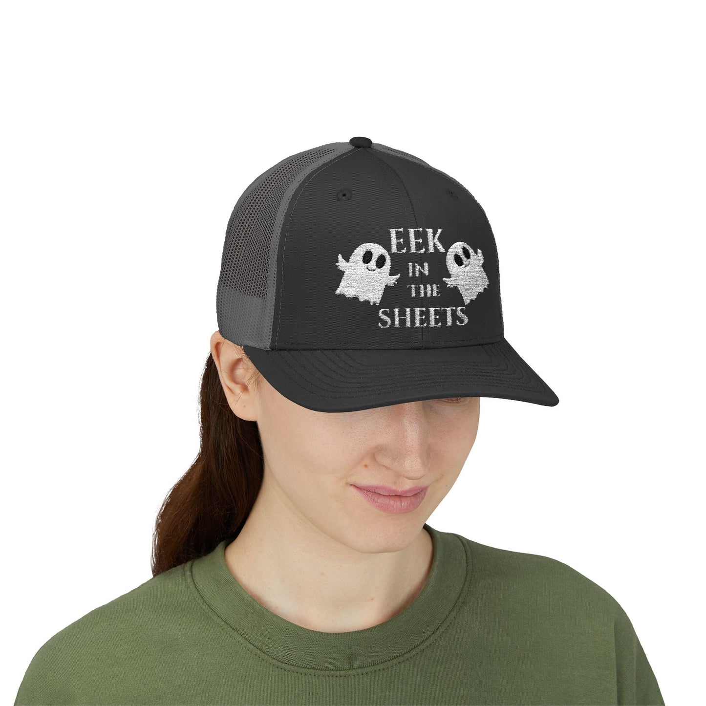 Eek in the Sheets Ghost Hat v2 – Cute Halloween Pun Snapback Trucker Cap – Pink Hats for apparel (33 view)