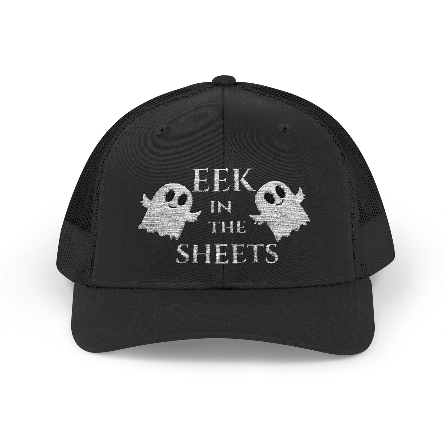 Eek in the Sheets Ghost Hat v2 – Cute Halloween Pun Snapback Trucker Cap – Black Hats for apparel (5 view)