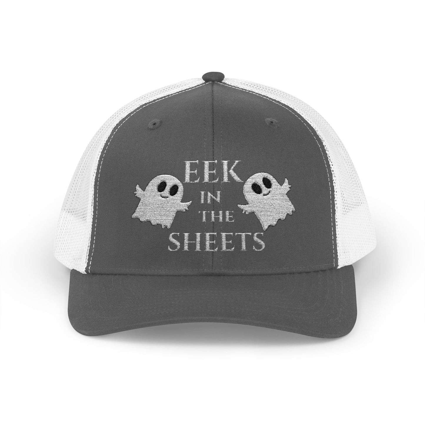 Eek in the Sheets Ghost Hat v2 – Cute Halloween Pun Snapback Trucker Cap – Charcoal Hats for apparel (4 view)