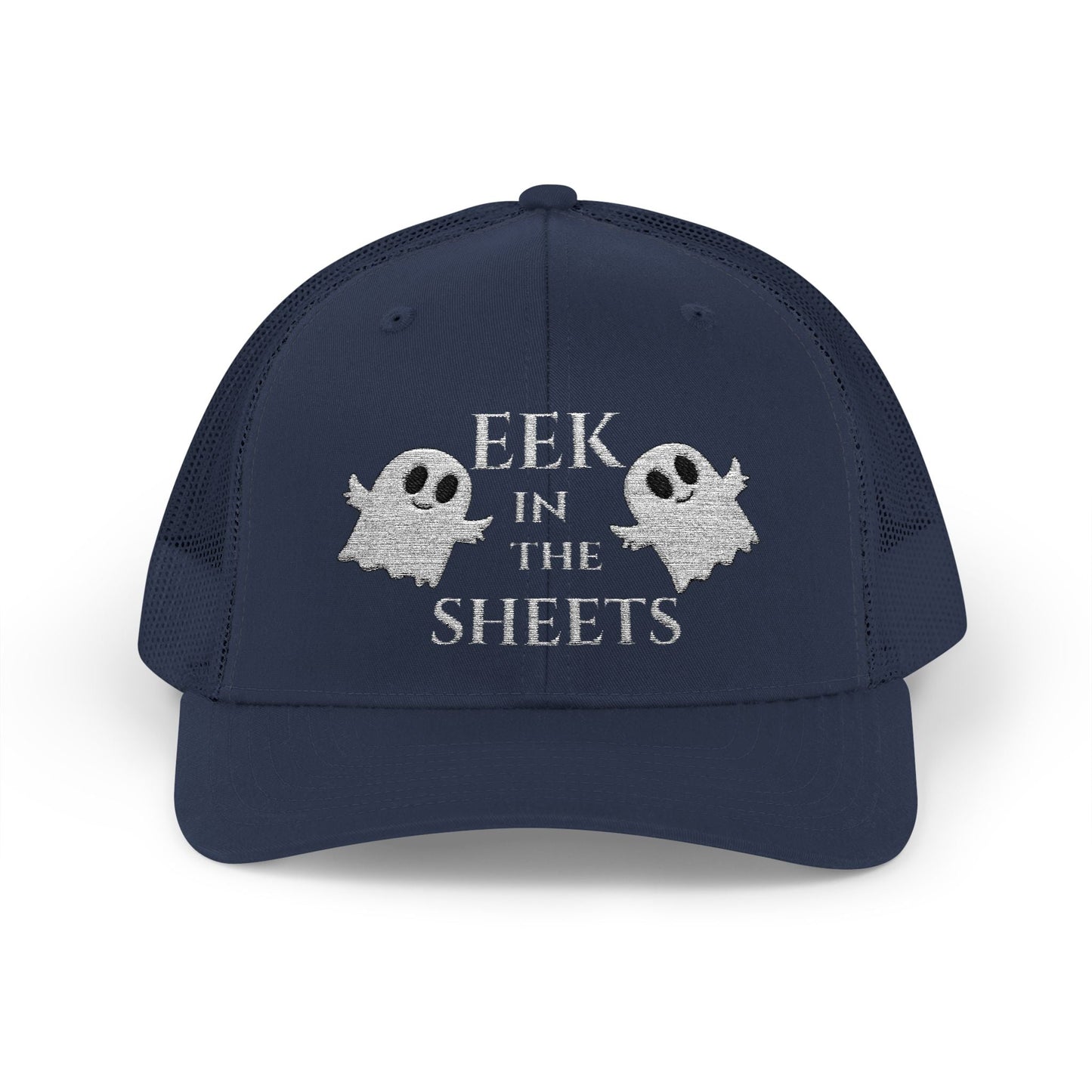 Eek in the Sheets Ghost Hat v2 – Cute Halloween Pun Snapback Trucker Cap – Navy Hats for apparel (13 view)