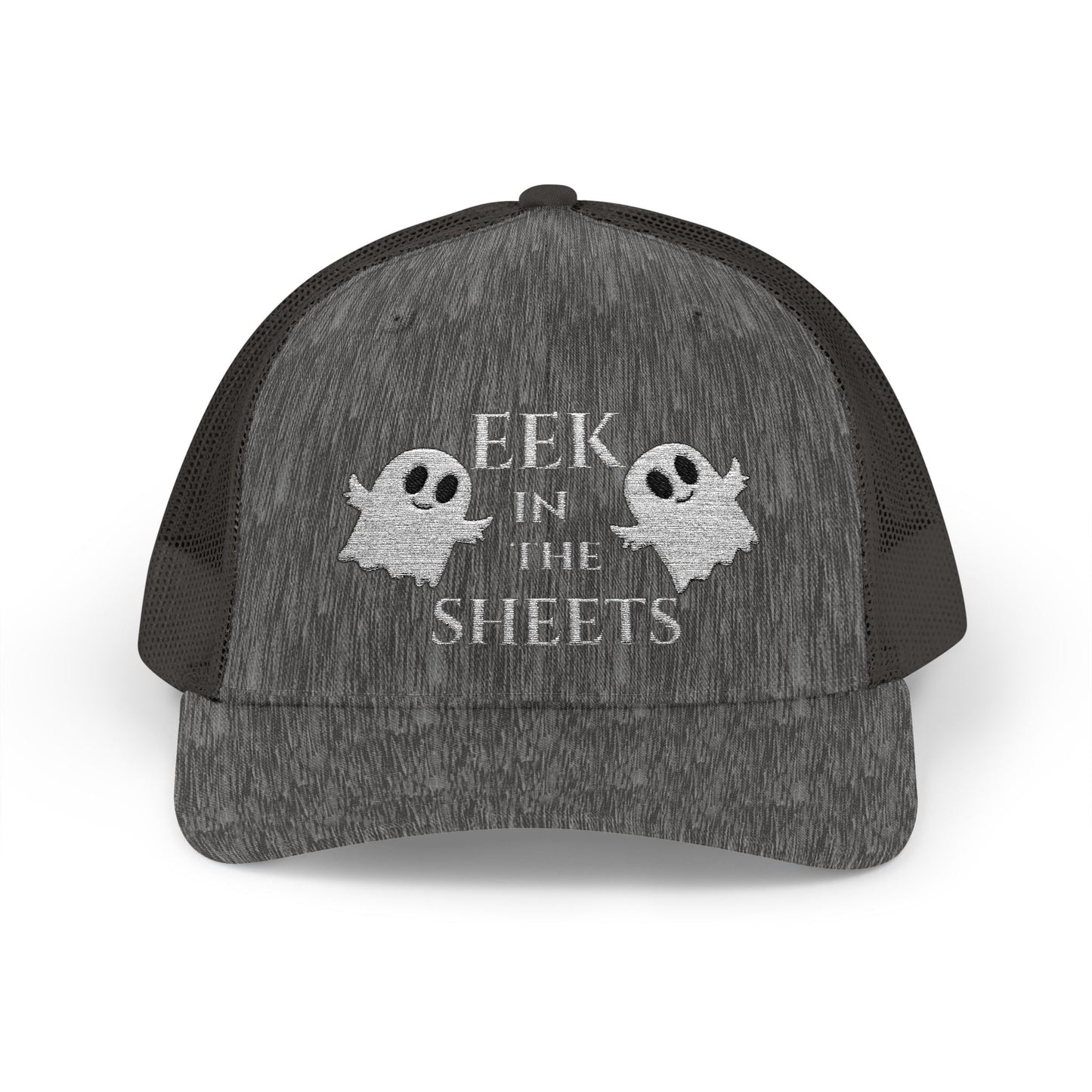 Eek in the Sheets Ghost Hat v2 – Cute Halloween Pun Snapback Trucker Cap – Dark Heather Grey Hats for apparel (11 view)