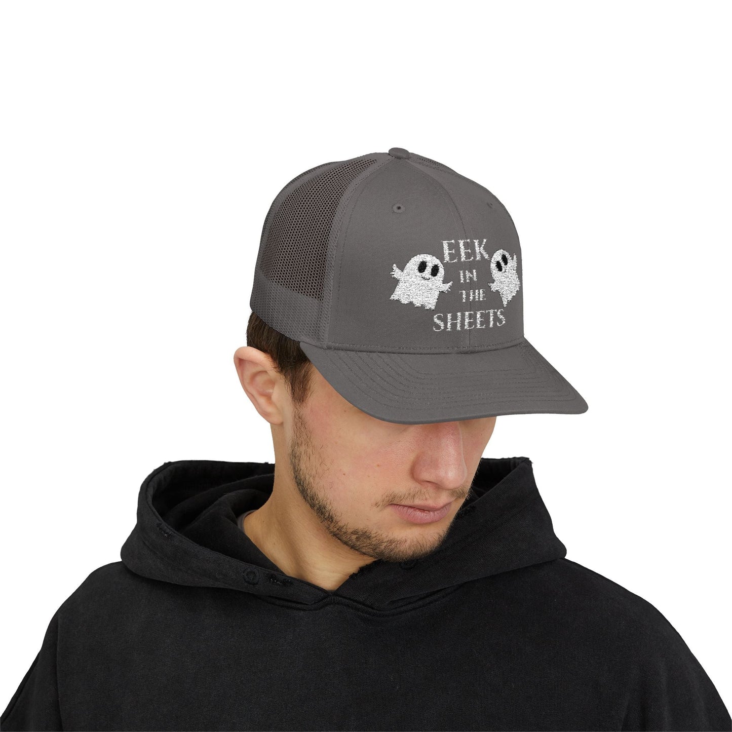 Eek in the Sheets Ghost Hat v2 – Cute Halloween Pun Snapback Trucker Cap – Pink Hats for apparel (23 view)