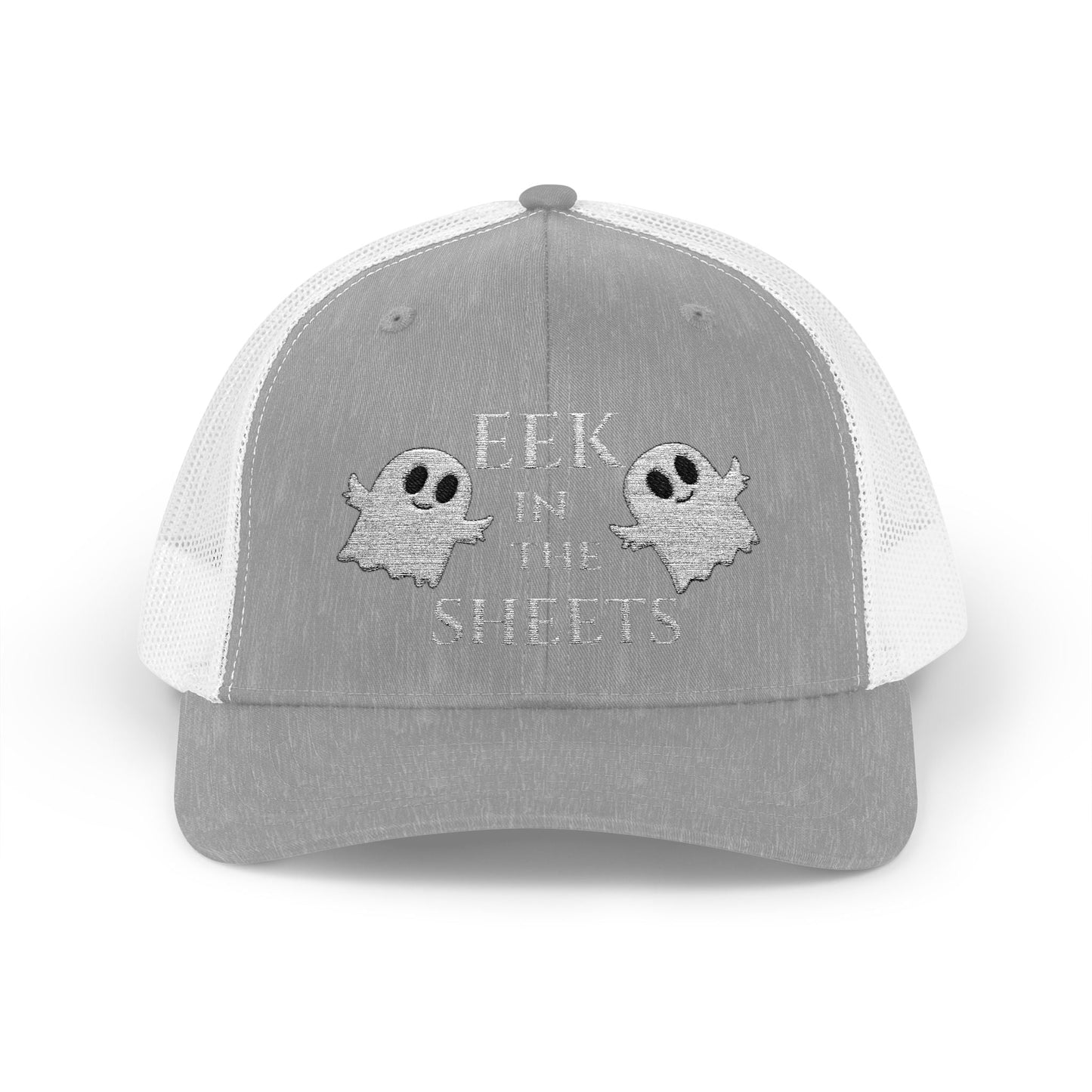 Eek in the Sheets Ghost Hat v2 – Cute Halloween Pun Snapback Trucker Cap – Heather Grey / White Hats for apparel (12 view)