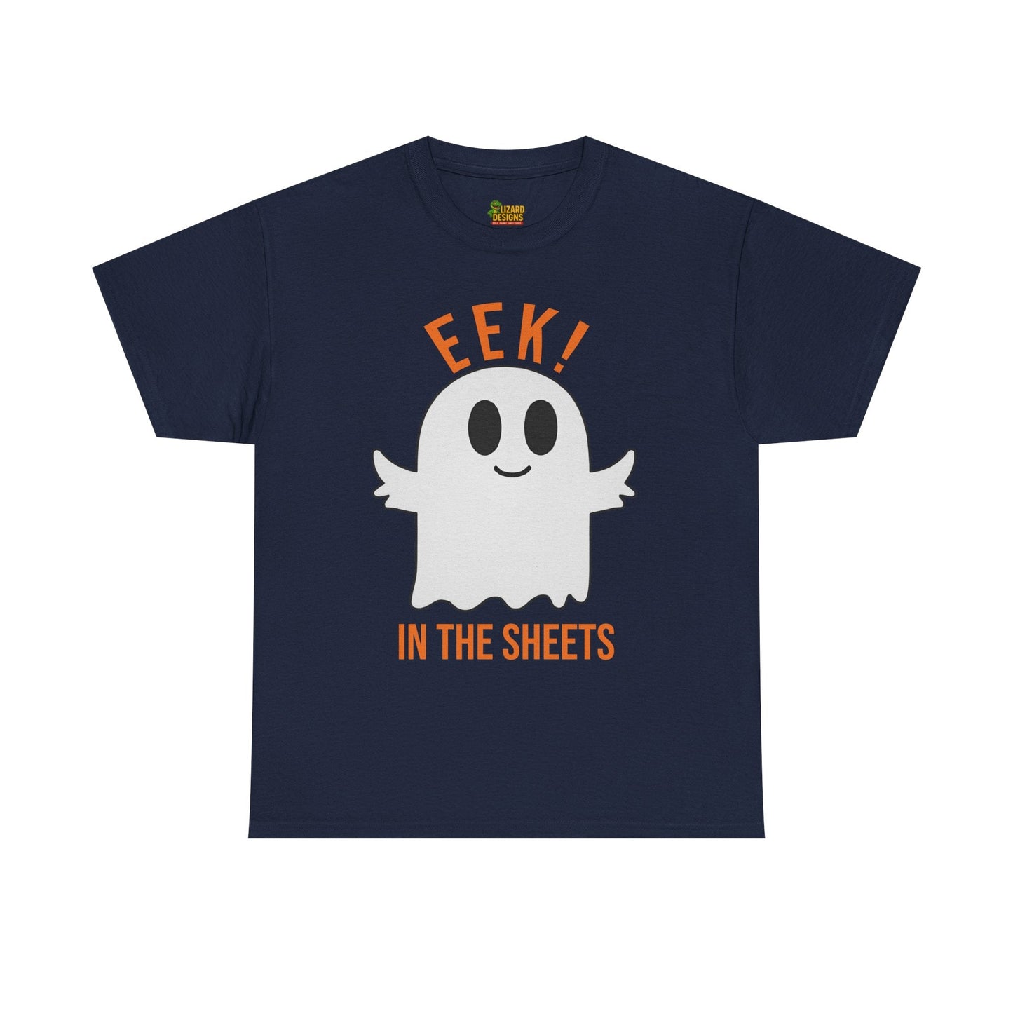 Eek in the Sheets Ghost Tee – Cute Halloween Pun – Navy T-Shirt for casual wear gift (2 view)