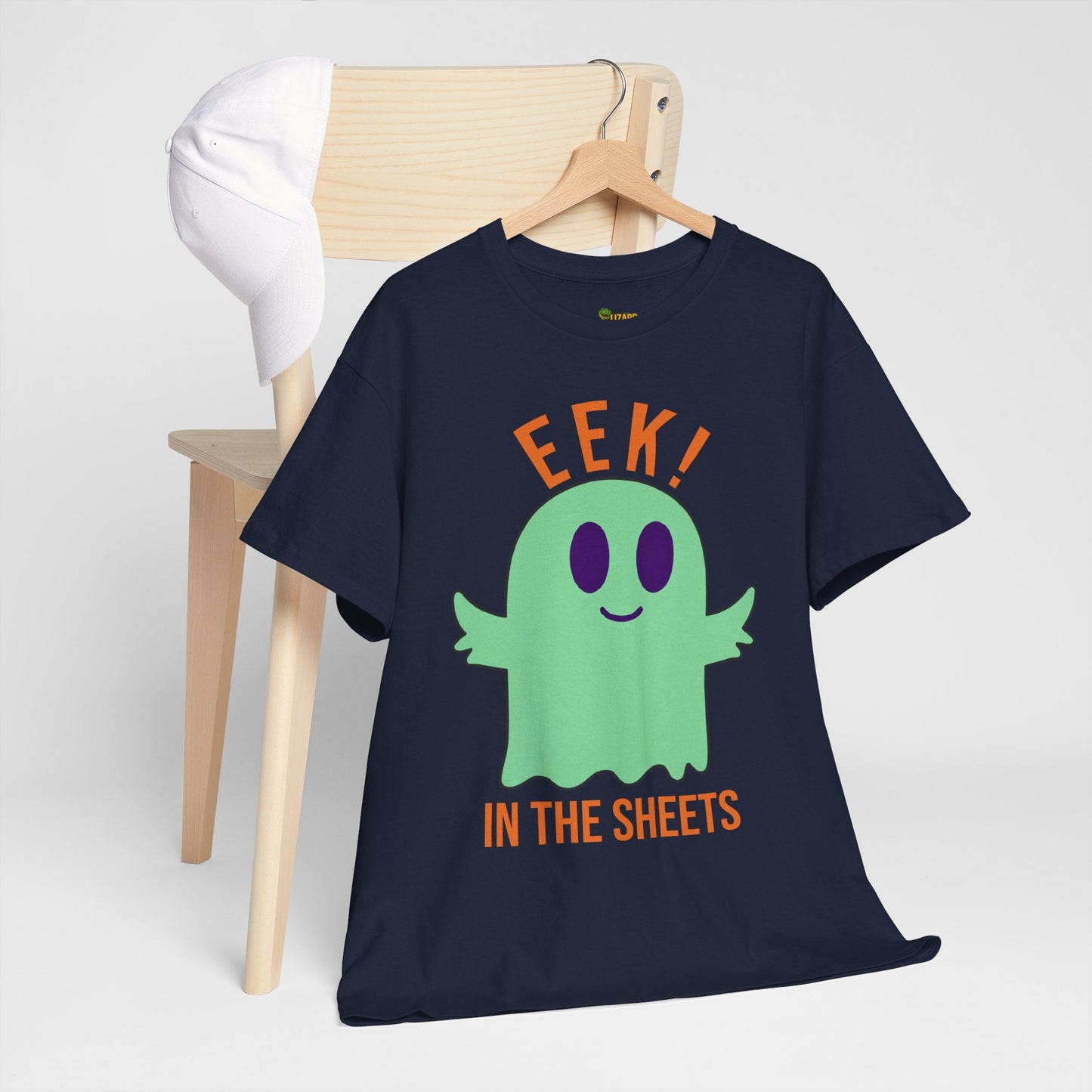 Eek in the Sheets Ghost Tee - Green Ghost – Cute Halloween Pun – Navy T-Shirt by Printify