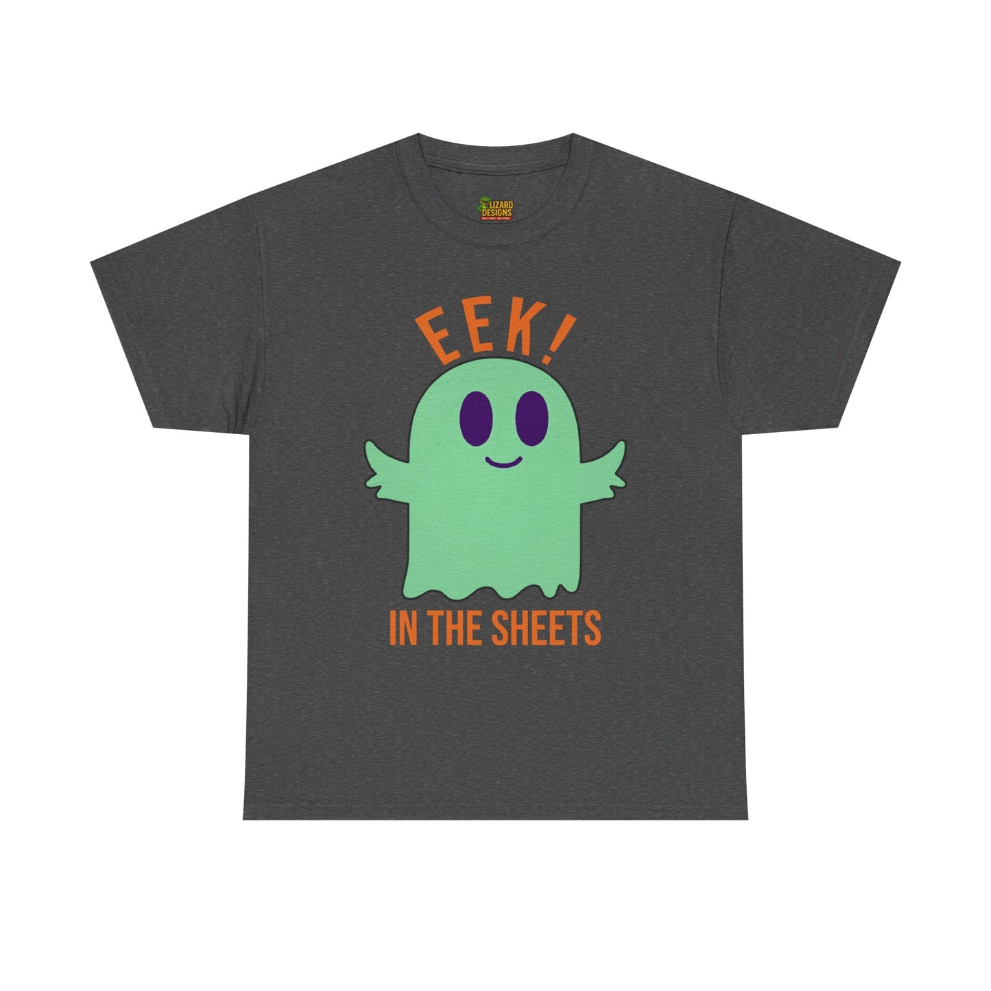 Eek in the Sheets Ghost Tee - Green Ghost – Cute Halloween Pun – Dark Heather T-Shirt by Printify
