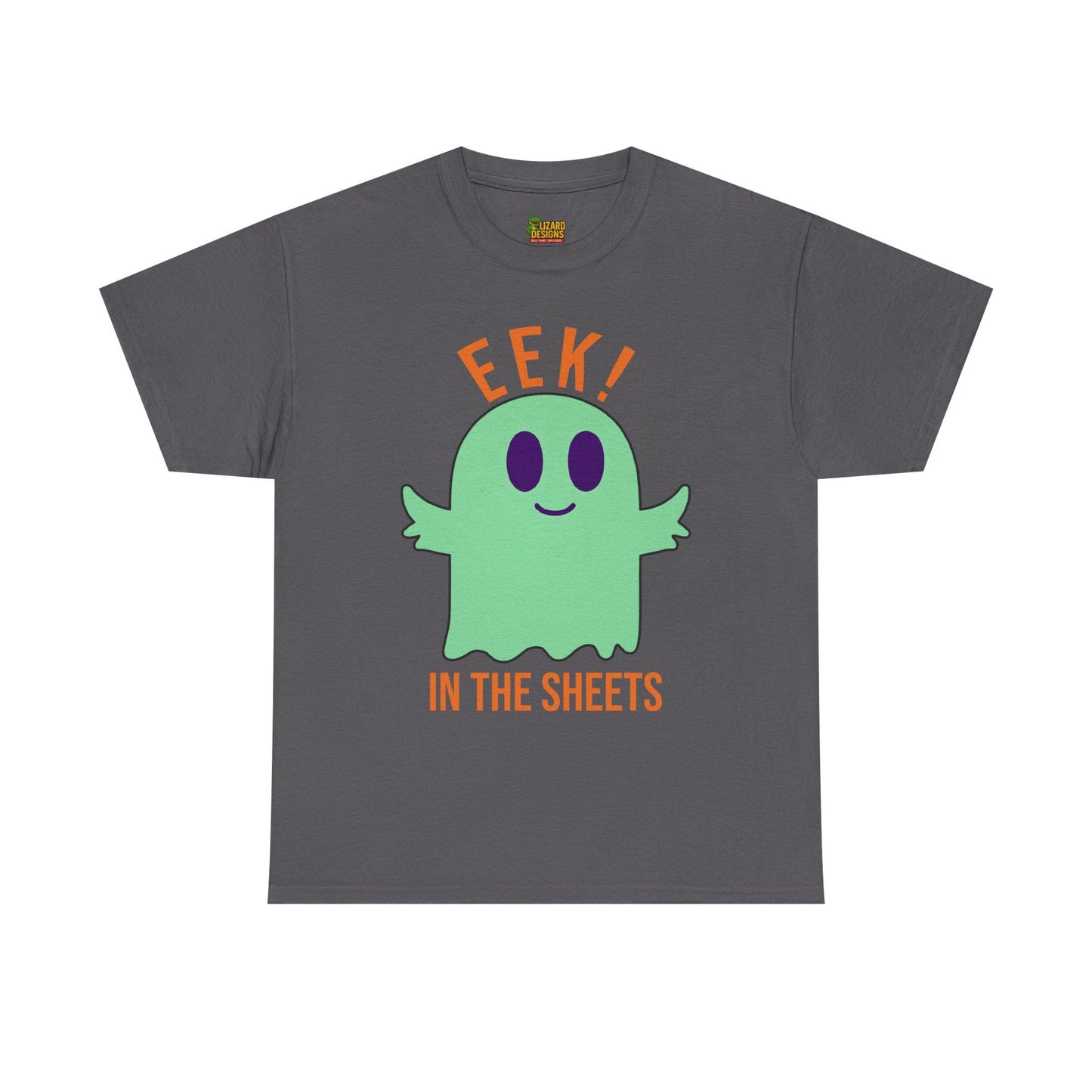 Eek in the Sheets Ghost Tee - Green Ghost – Cute Halloween Pun – Charcoal T-Shirt by Printify