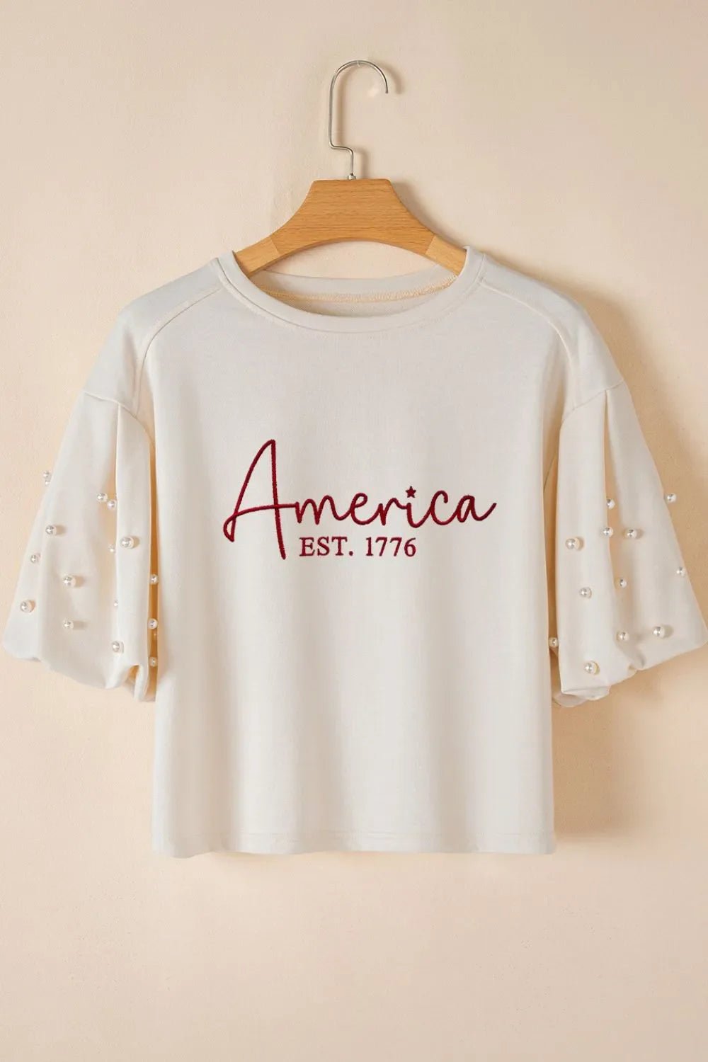 AMERICA EST 1776 Embroidered Pearl Beaded Sleeve T Shirt – White for Shopify Collective (7 view)