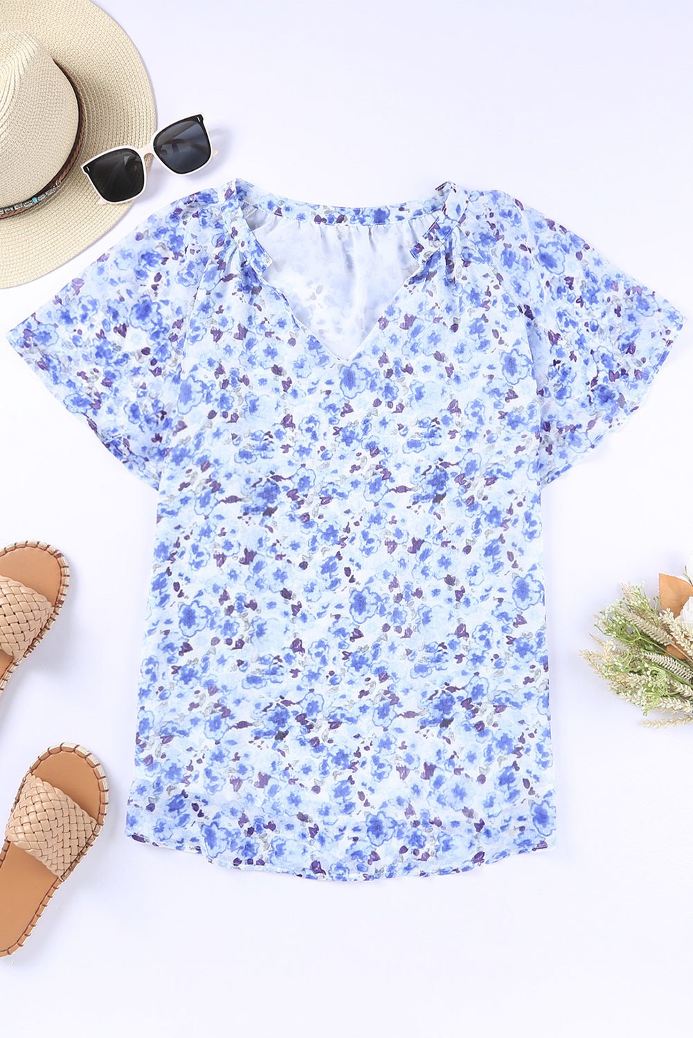 Ellie Flutter Sleeve V Neck Floral Blouse – Blue Tops/Blouses & Shirts for Shopify Collective (5 view)