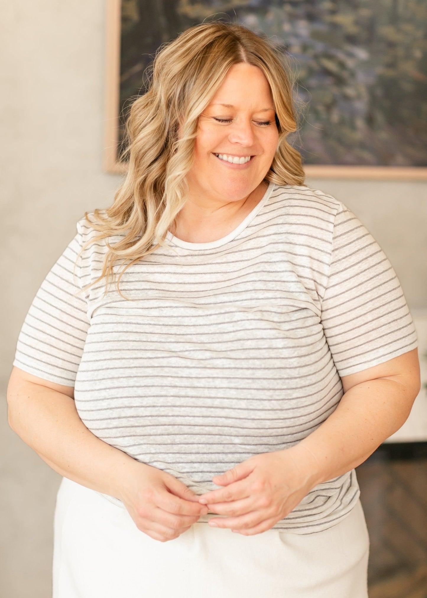 Essential Linen Short Sleeve Tee – Charcoal/White Stripe IC Tops for glow - up collection (4 view)