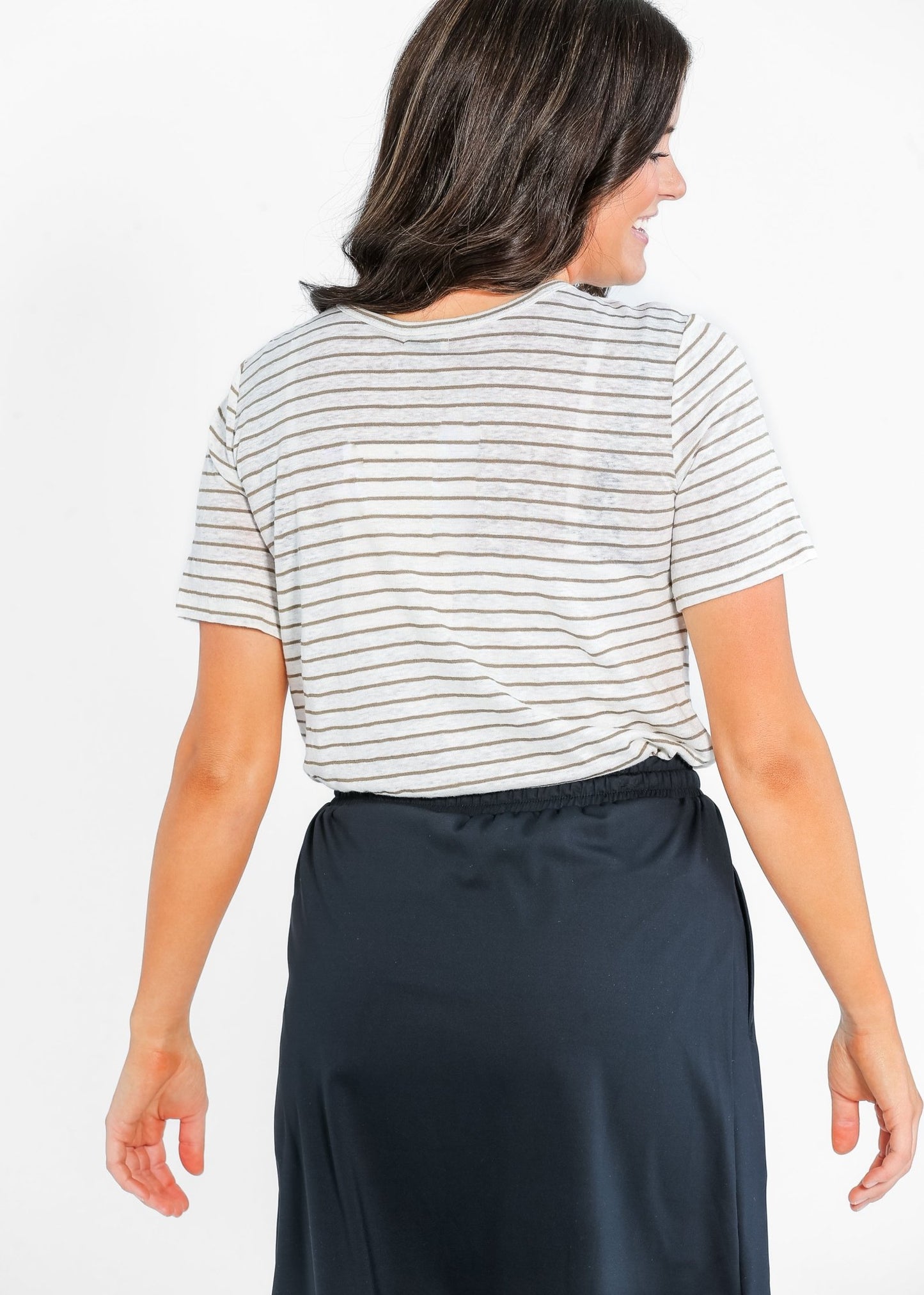Essential Linen Short Sleeve Tee – Charcoal/White Stripe IC Tops for glow - up collection (6 view)