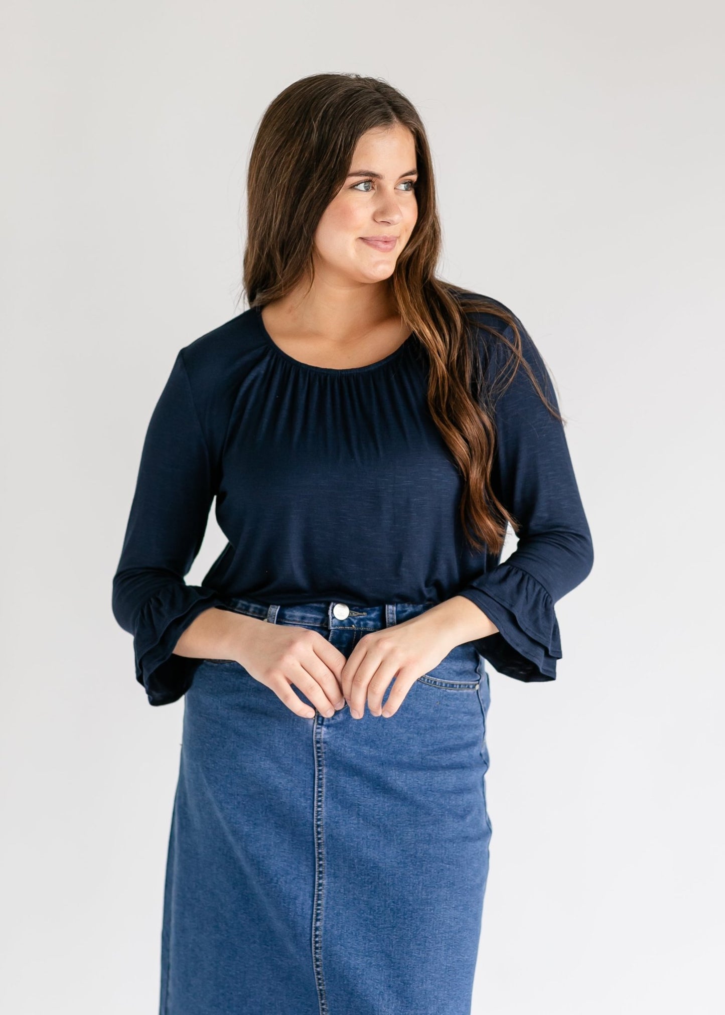 Essential Ruffled 3/4 Sleeve Top – Navy IC Tops for Inherit Co. (7 view)