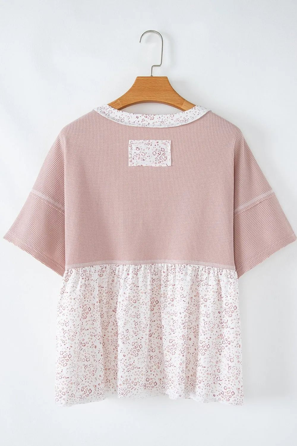 Waffle Floral Patchwork Exposed Seam Detail Short Sleeve Top – Dusty Pink for Shopify Collective (6 view)