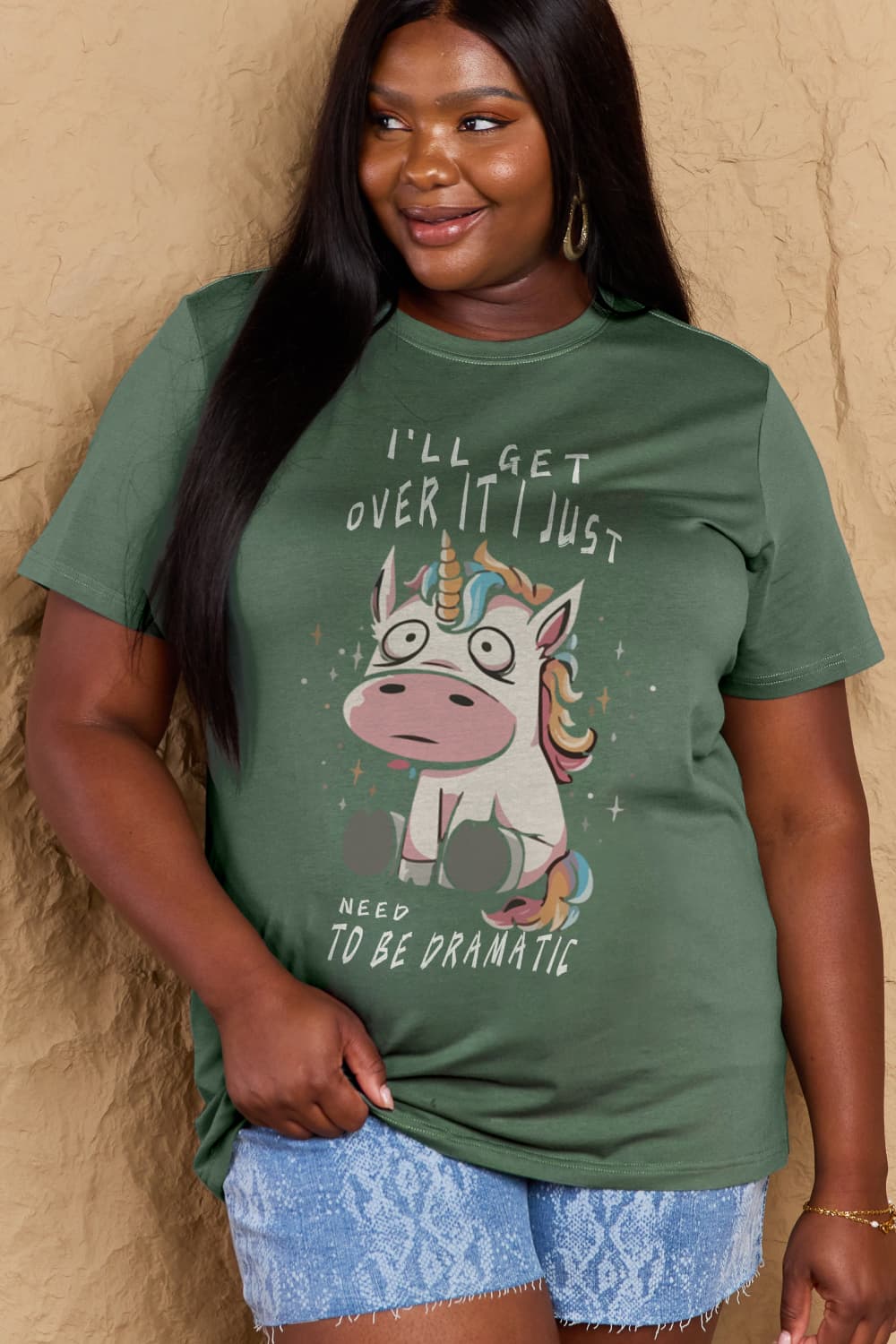 Simply Love Full Size I'LL GET OVER IT I JUST NEED TO BE DRAMATIC Graphic Cotton Tee – Green by Simply Love