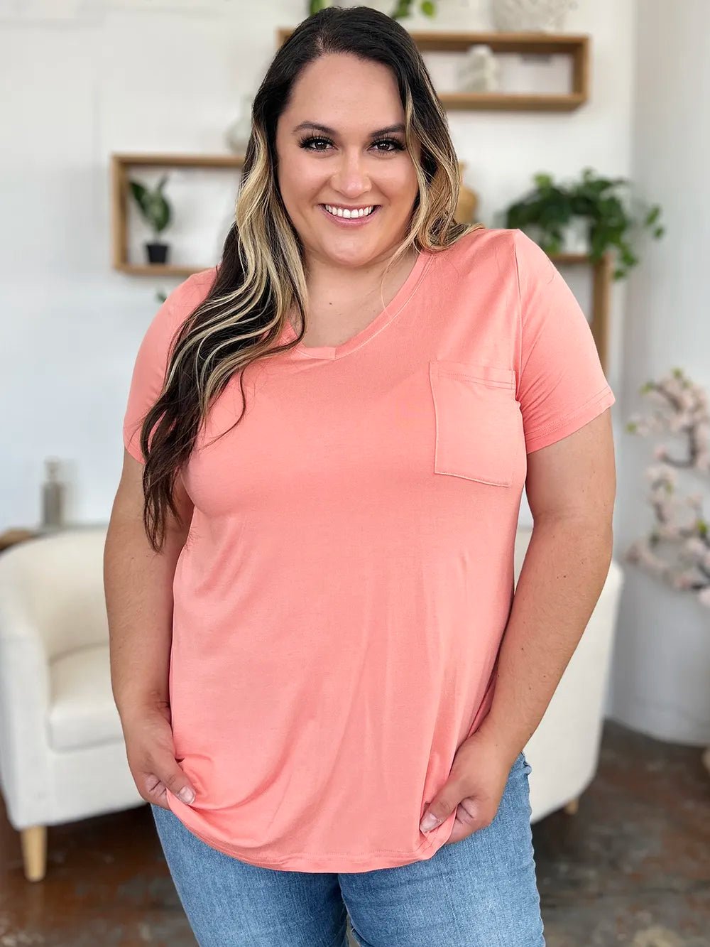 Basic Bae Bamboo Full Size V - Neck Short Sleeve T-Shirt – Watermelon pink for Shopify Collective (12 view)