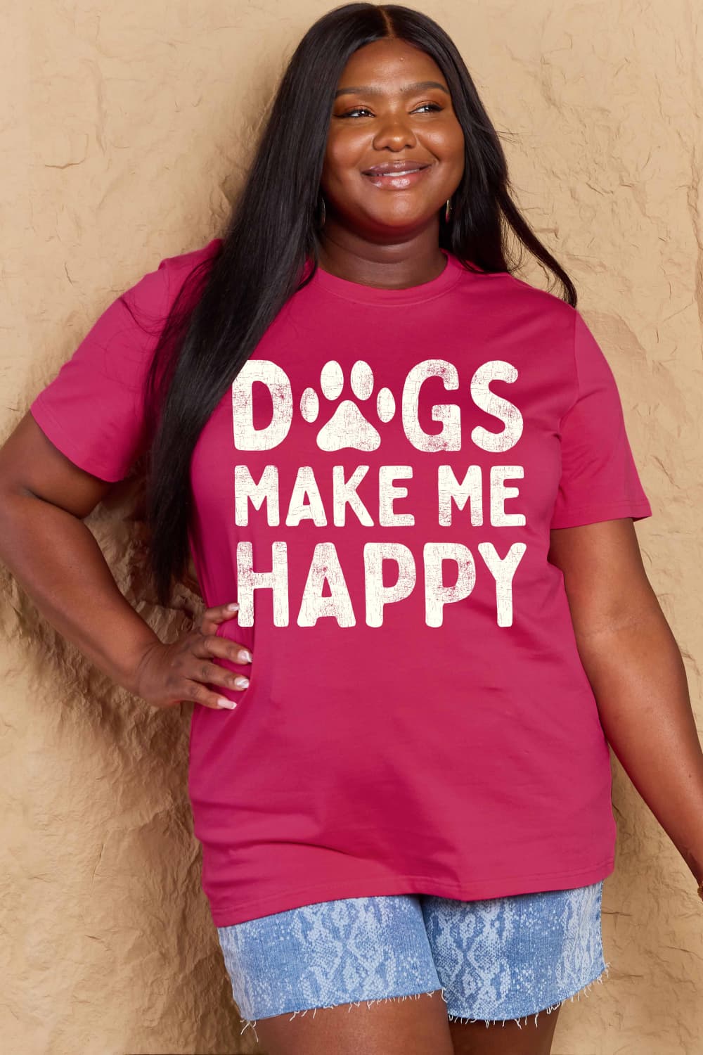Simply Love Full Size DOGS MAKE ME HAPPY Graphic Cotton T-Shirt – Deep Rose Women's Top for Shopify Collective (1 view)