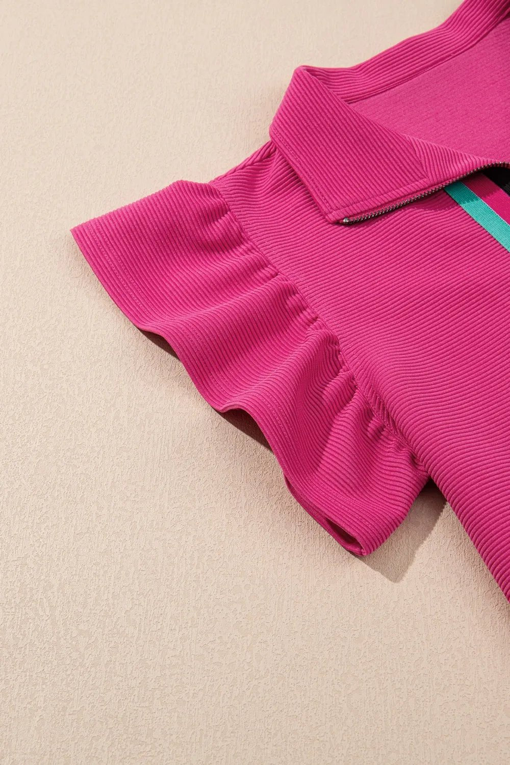 Striped Detail Flutter Sleeve Zipped Collar Top and Short Set – Hot Pink for Shopify Collective (6 view)