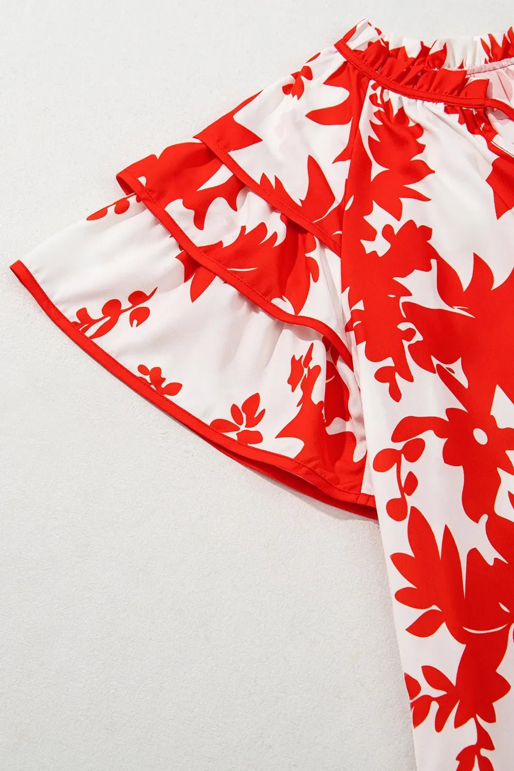 Plant Print Tiered Ruffled Sleeve Tie Neck Blouse – Red for Shopify Collective (10 view)