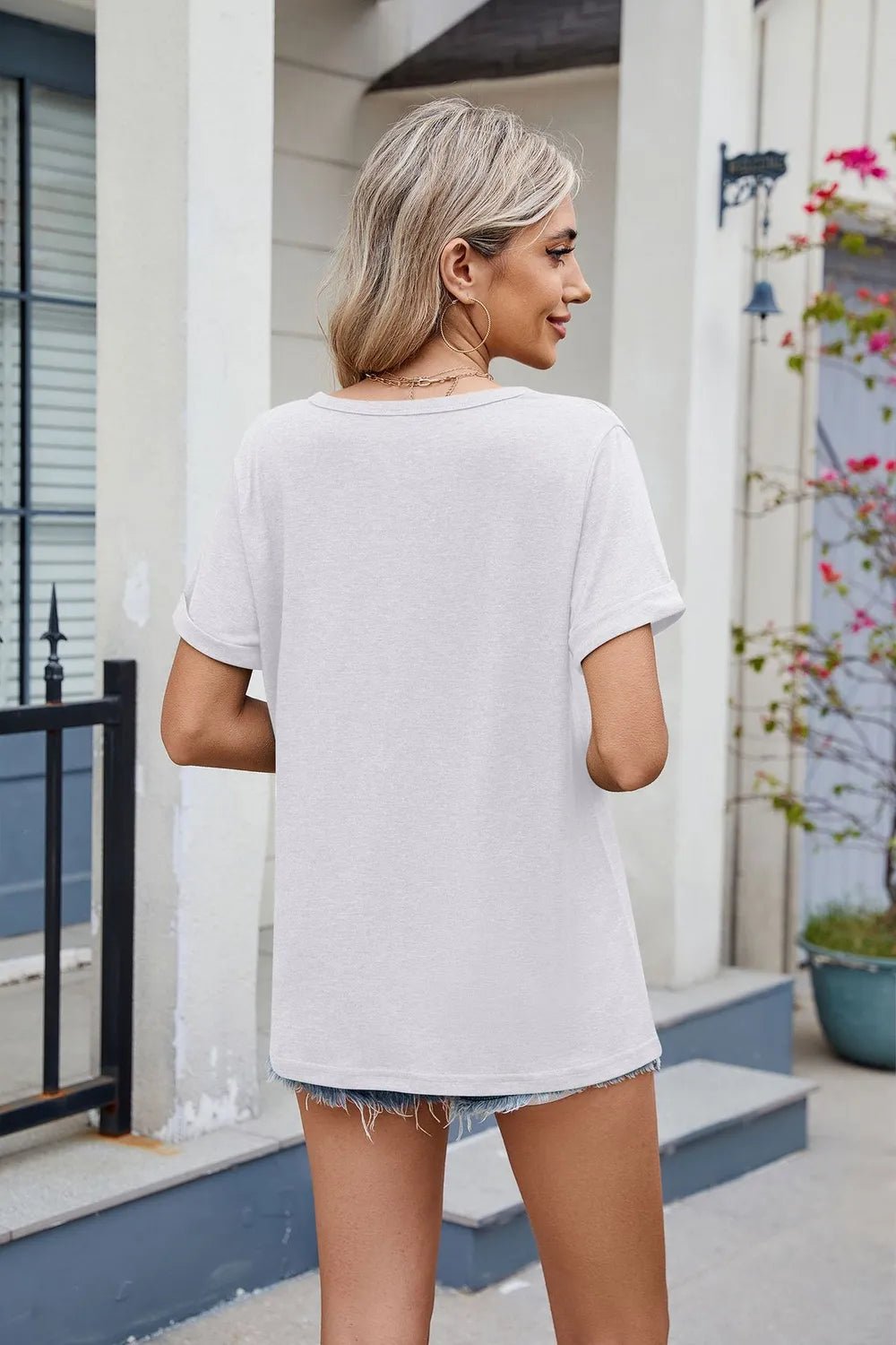 Florira Notched Short Sleeve T-Shirt – White Women's Top for Shopify Collective (34 view)